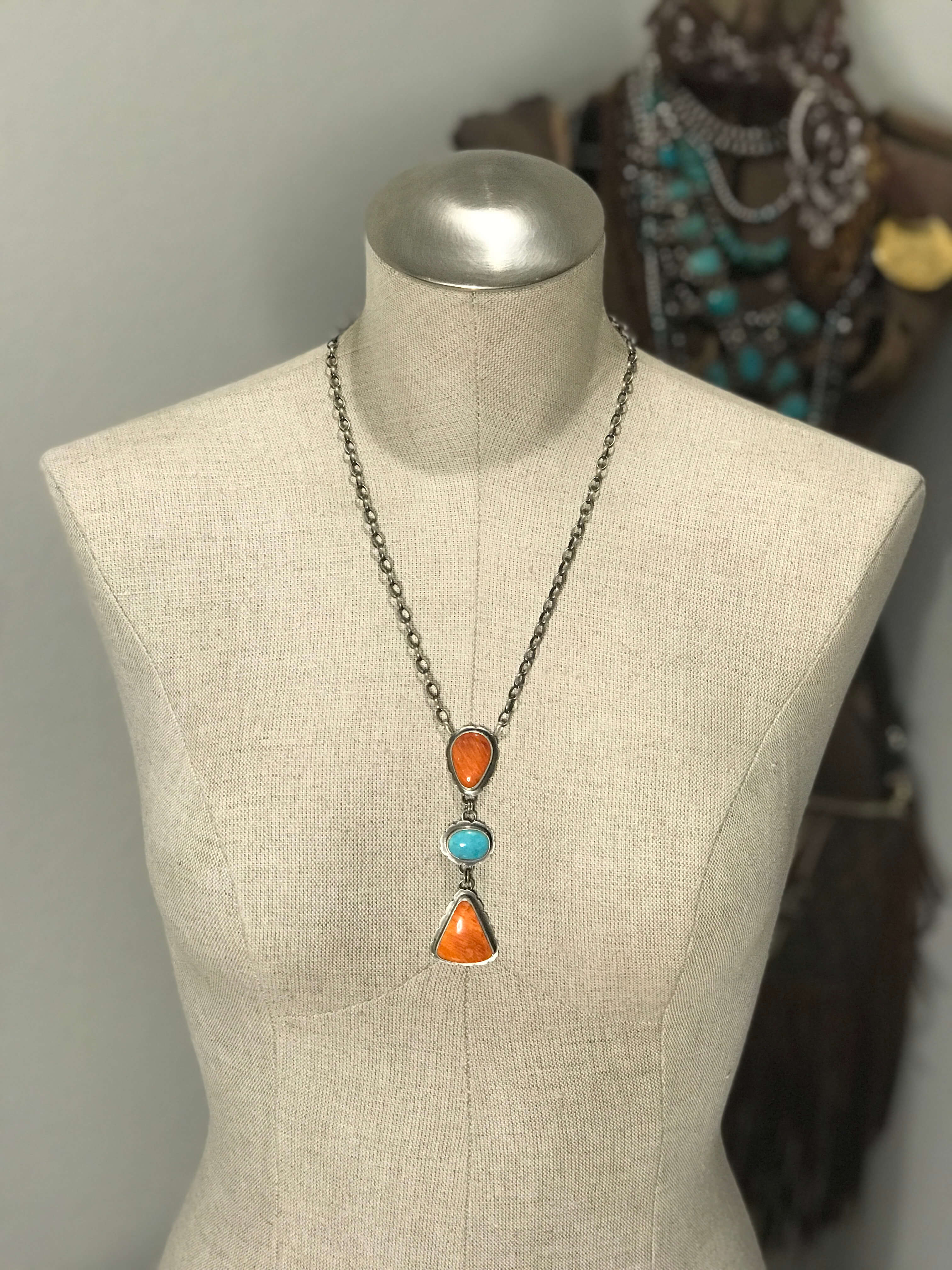 The San Saba Lariat Necklace, 11-Necklaces-Calli Co., Turquoise and Silver Jewelry, Native American Handmade, Zuni Tribe, Navajo Tribe, Brock Texas