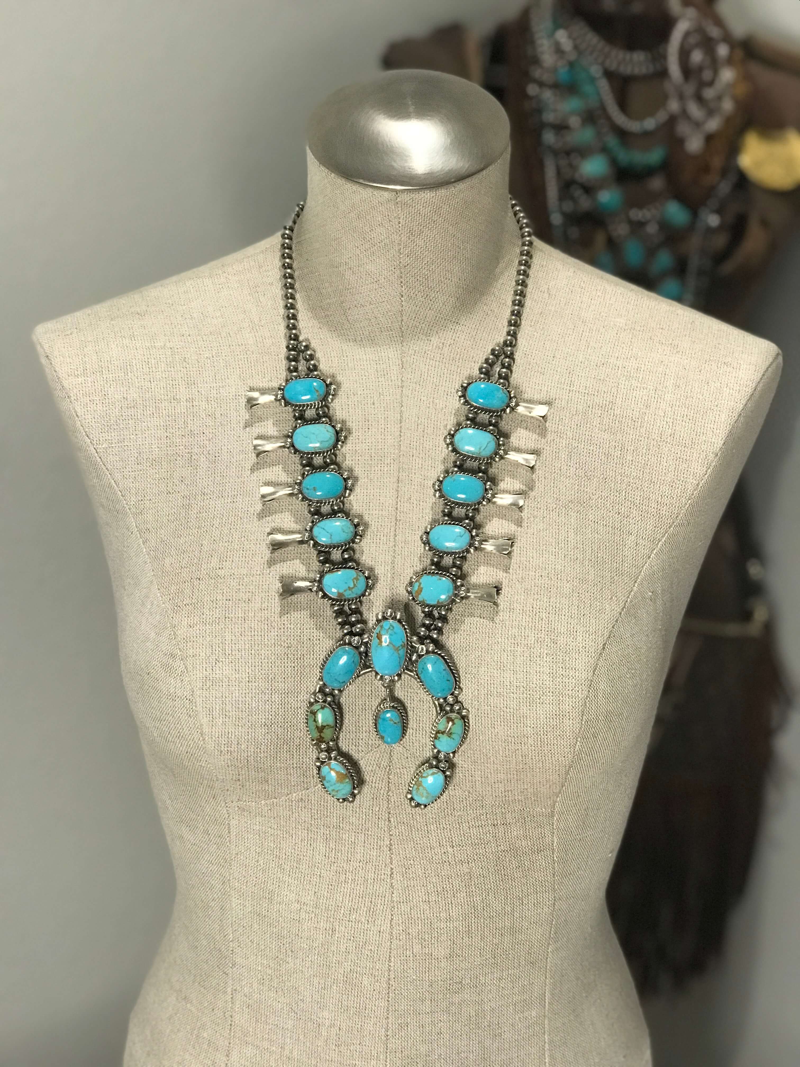 The Beacon Squash Blossom Necklace Set-Necklaces-Calli Co., Turquoise and Silver Jewelry, Native American Handmade, Zuni Tribe, Navajo Tribe, Brock Texas