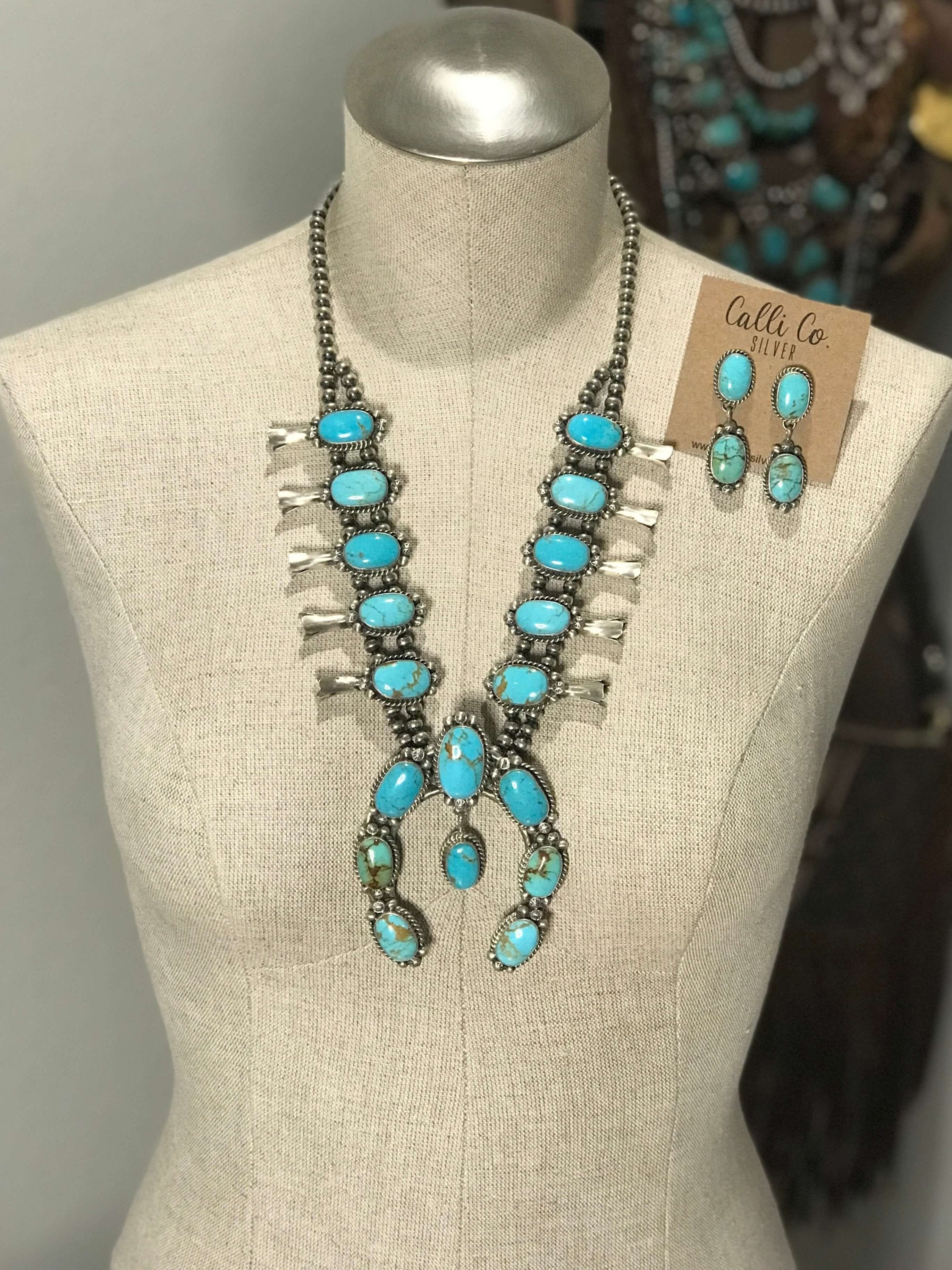 The Beacon Squash Blossom Necklace Set-Necklaces-Calli Co., Turquoise and Silver Jewelry, Native American Handmade, Zuni Tribe, Navajo Tribe, Brock Texas