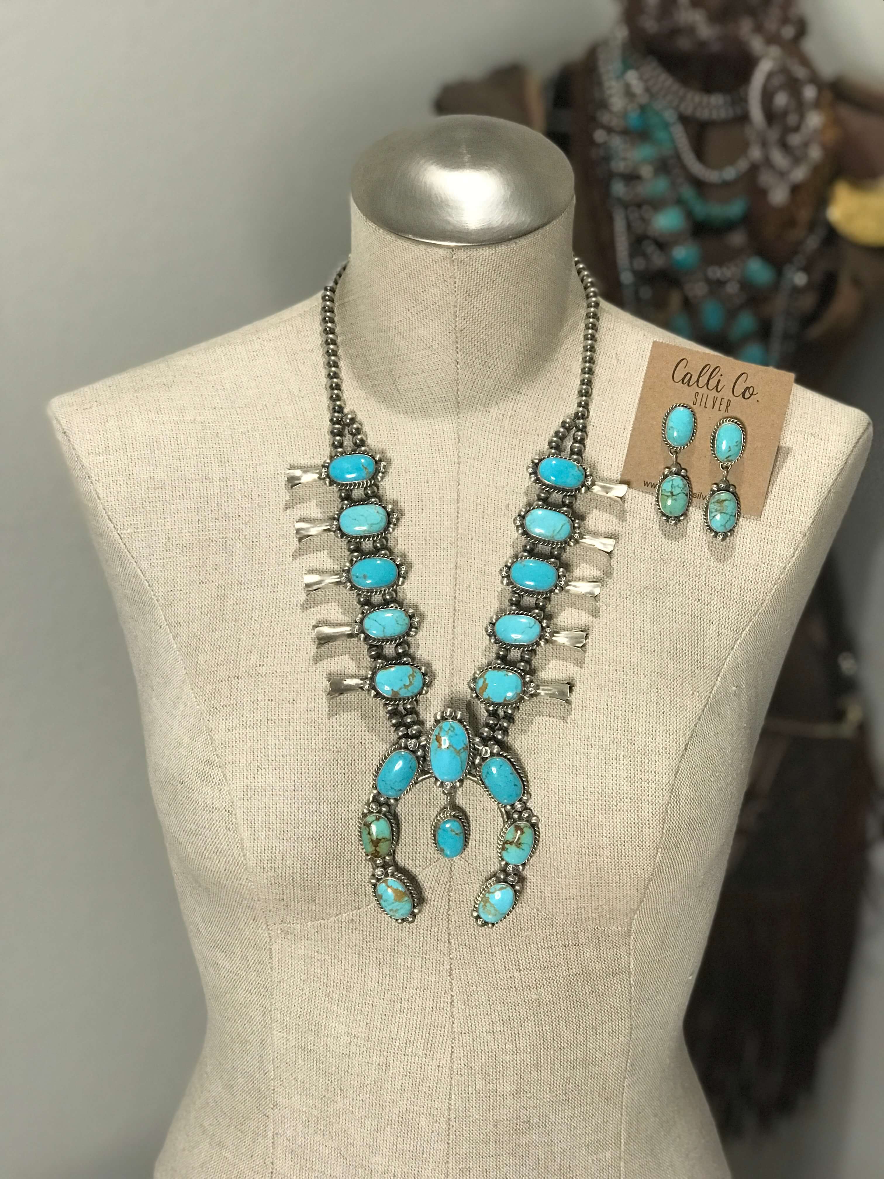 The Beacon Squash Blossom Necklace Set-Necklaces-Calli Co., Turquoise and Silver Jewelry, Native American Handmade, Zuni Tribe, Navajo Tribe, Brock Texas