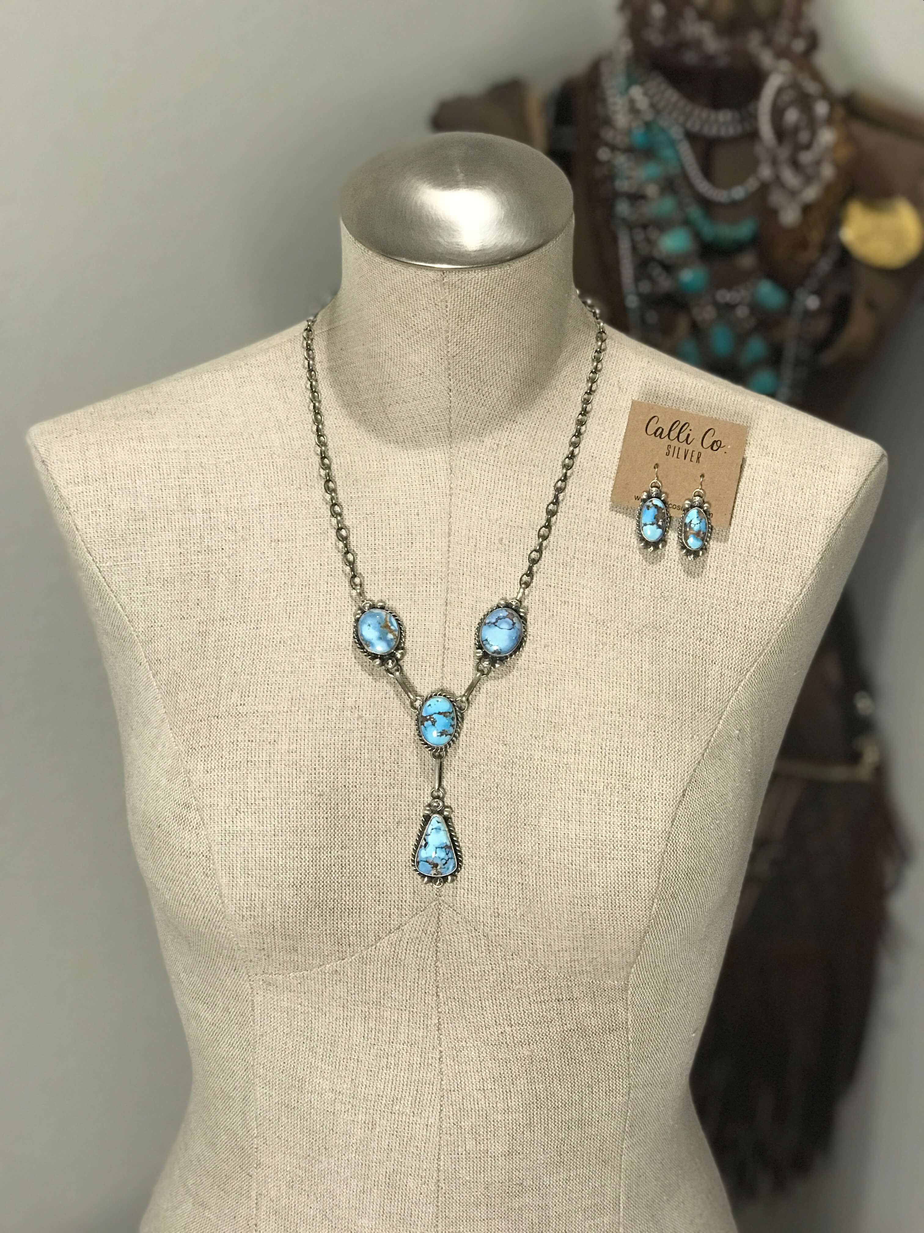 The Dolliver Golden Hills Lariat-Necklaces-Calli Co., Turquoise and Silver Jewelry, Native American Handmade, Zuni Tribe, Navajo Tribe, Brock Texas