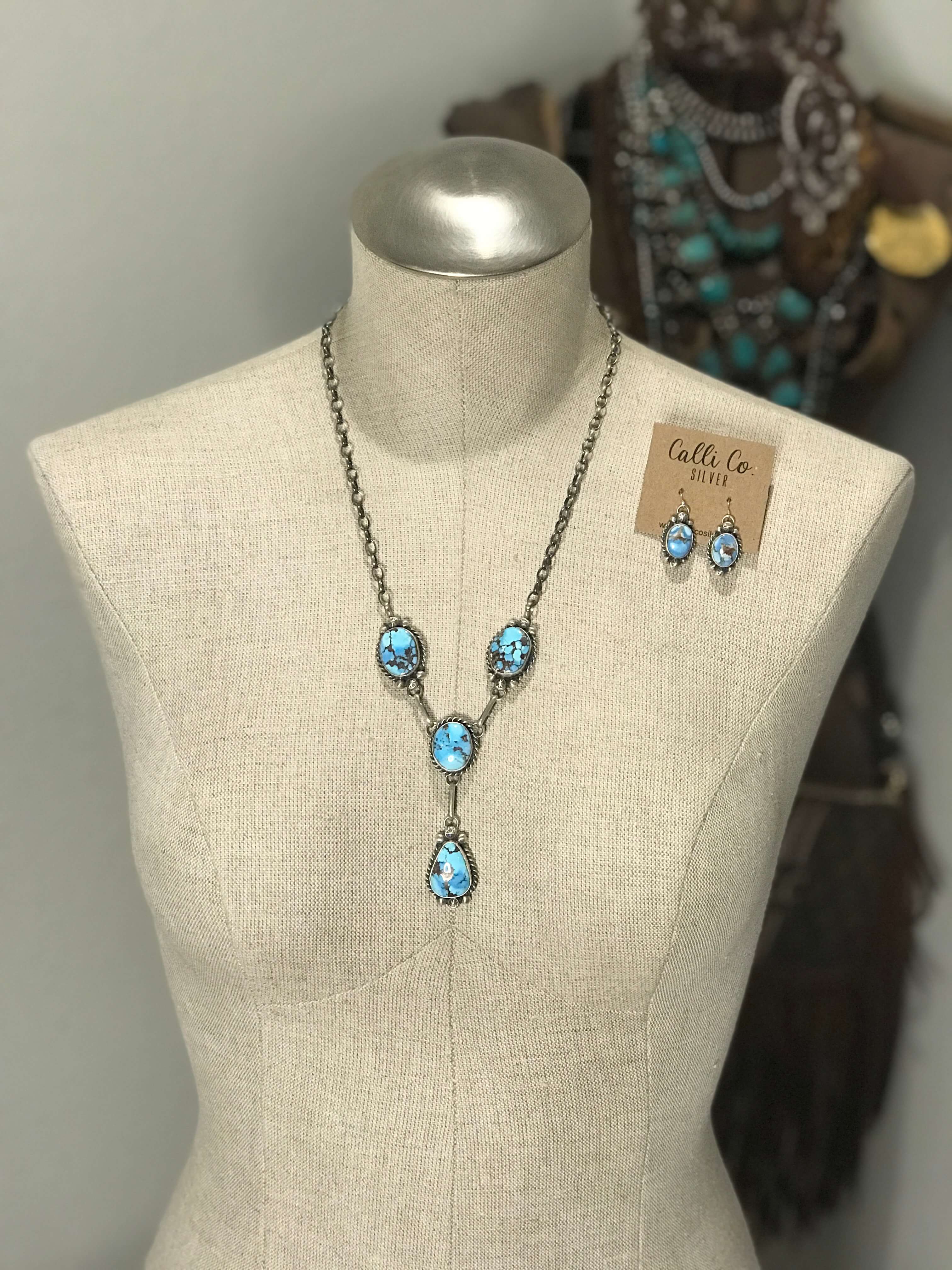 The Edisto Golden Hills Lariat Necklace Set-Necklaces-Calli Co., Turquoise and Silver Jewelry, Native American Handmade, Zuni Tribe, Navajo Tribe, Brock Texas