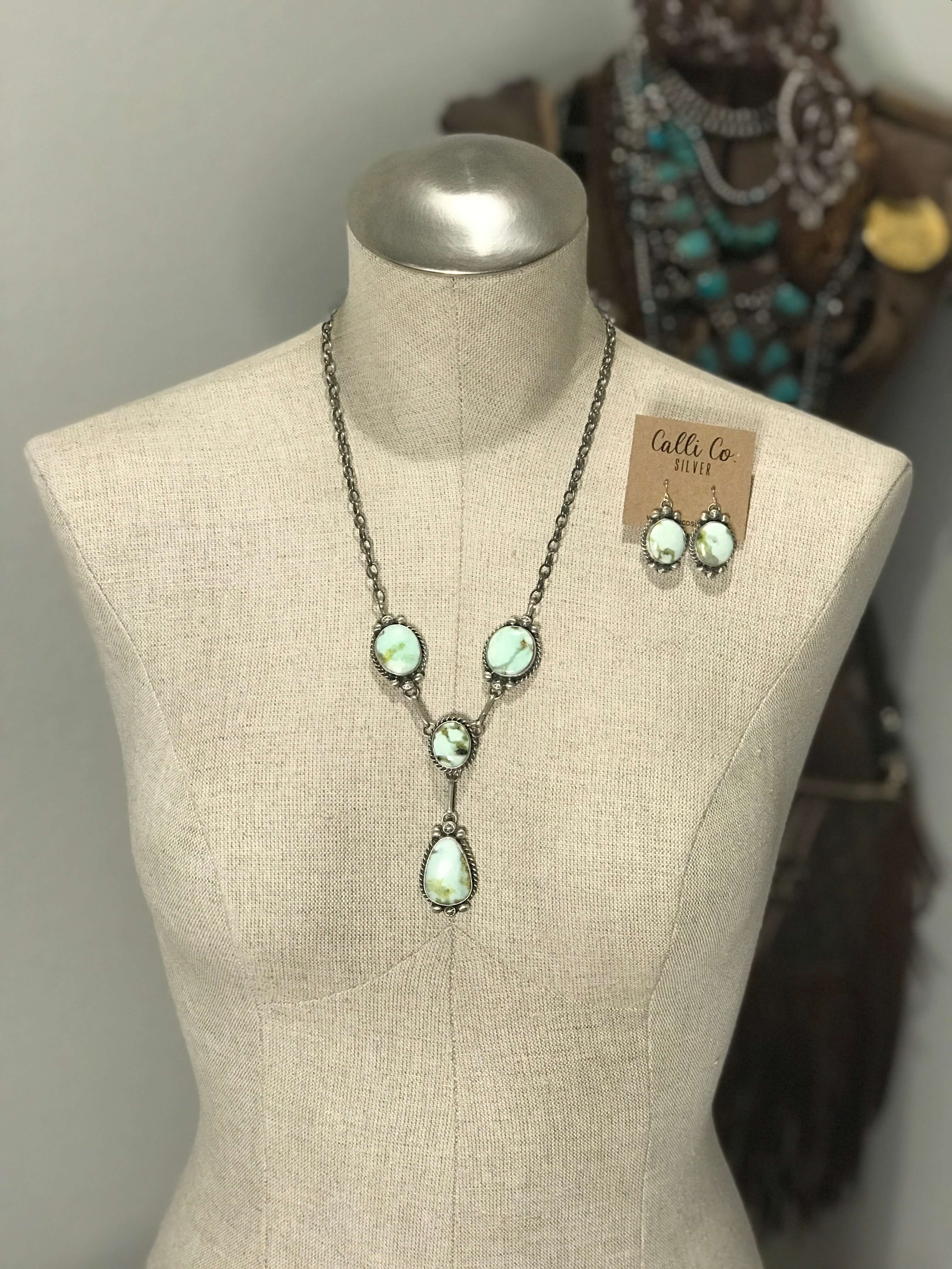 The Vestal Palomino Lariat Necklace Set-Necklaces-Calli Co., Turquoise and Silver Jewelry, Native American Handmade, Zuni Tribe, Navajo Tribe, Brock Texas