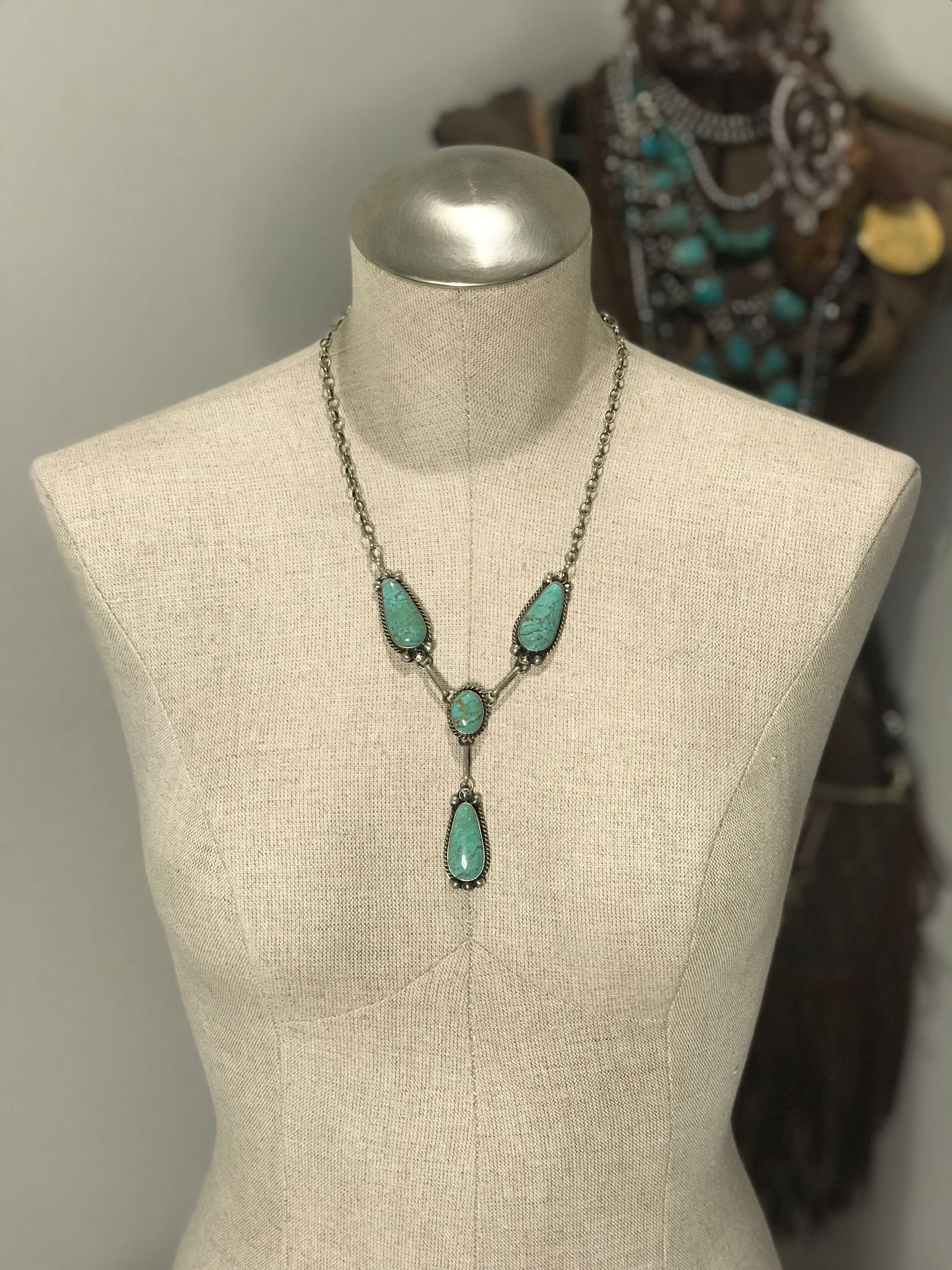 The Bardsey Kingman Lariat Necklace Set-Necklaces-Calli Co., Turquoise and Silver Jewelry, Native American Handmade, Zuni Tribe, Navajo Tribe, Brock Texas