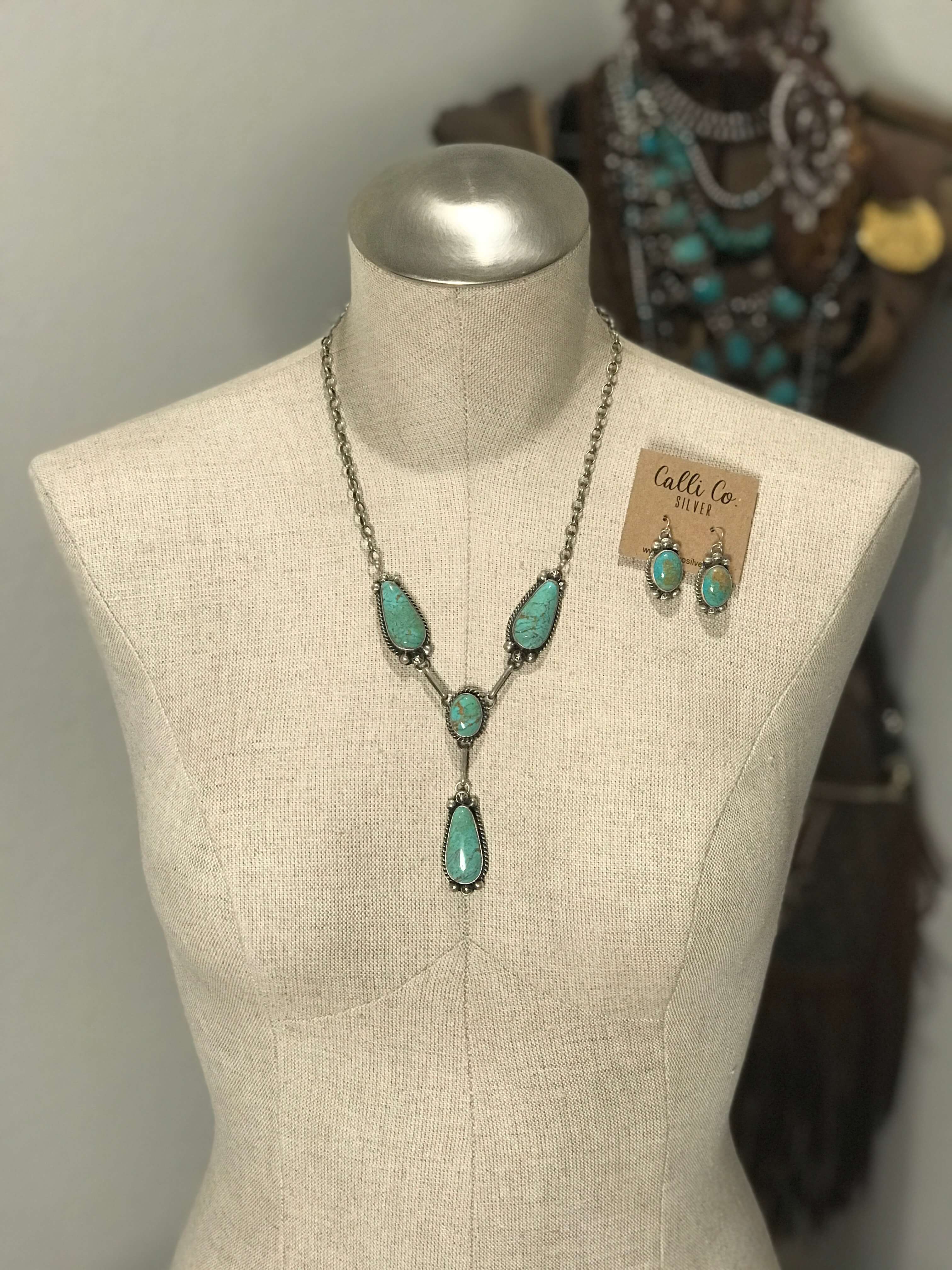 The Bardsey Kingman Lariat Necklace Set-Necklaces-Calli Co., Turquoise and Silver Jewelry, Native American Handmade, Zuni Tribe, Navajo Tribe, Brock Texas