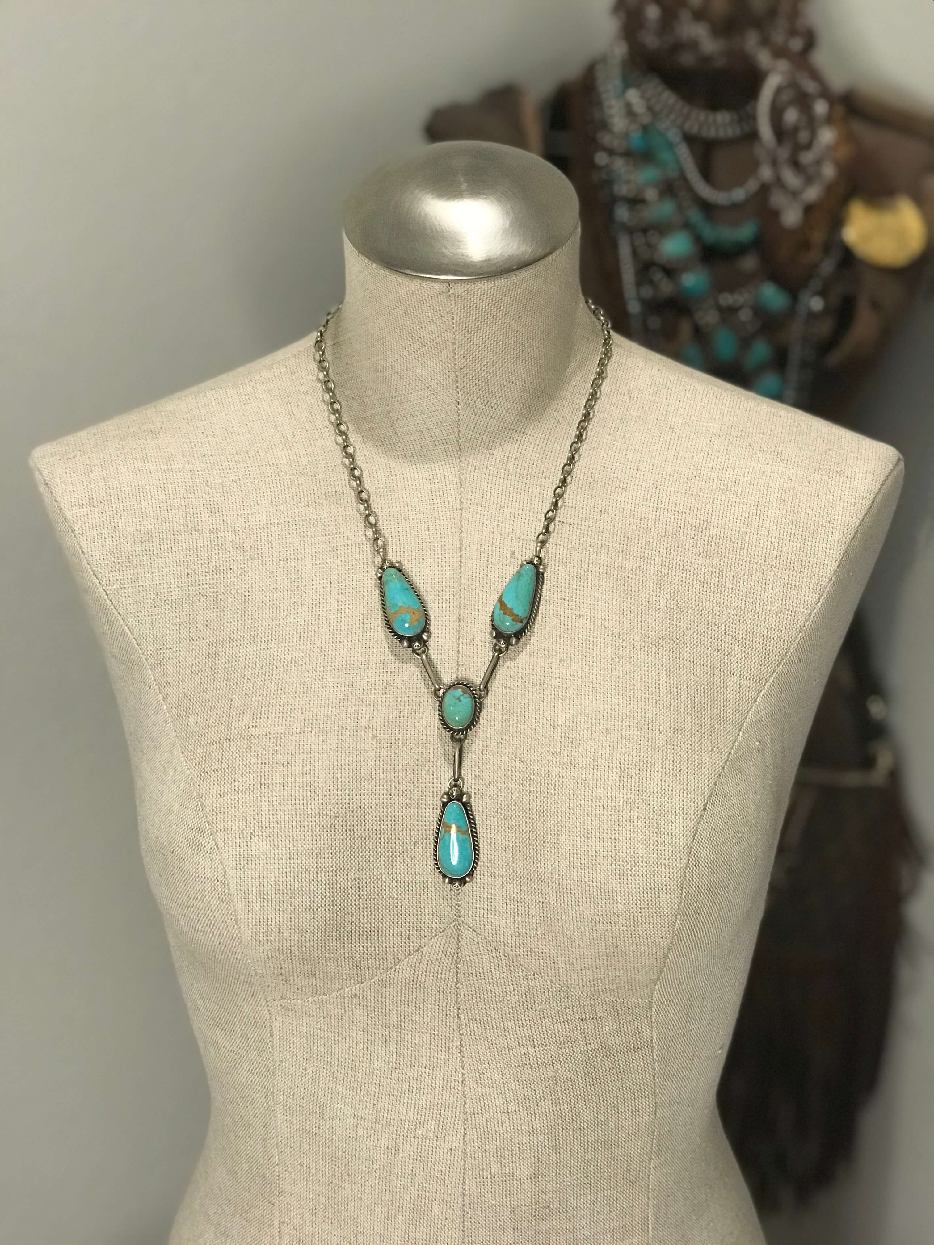 The Mascotte Turquoise Lariat Necklace Set-Necklaces-Calli Co., Turquoise and Silver Jewelry, Native American Handmade, Zuni Tribe, Navajo Tribe, Brock Texas