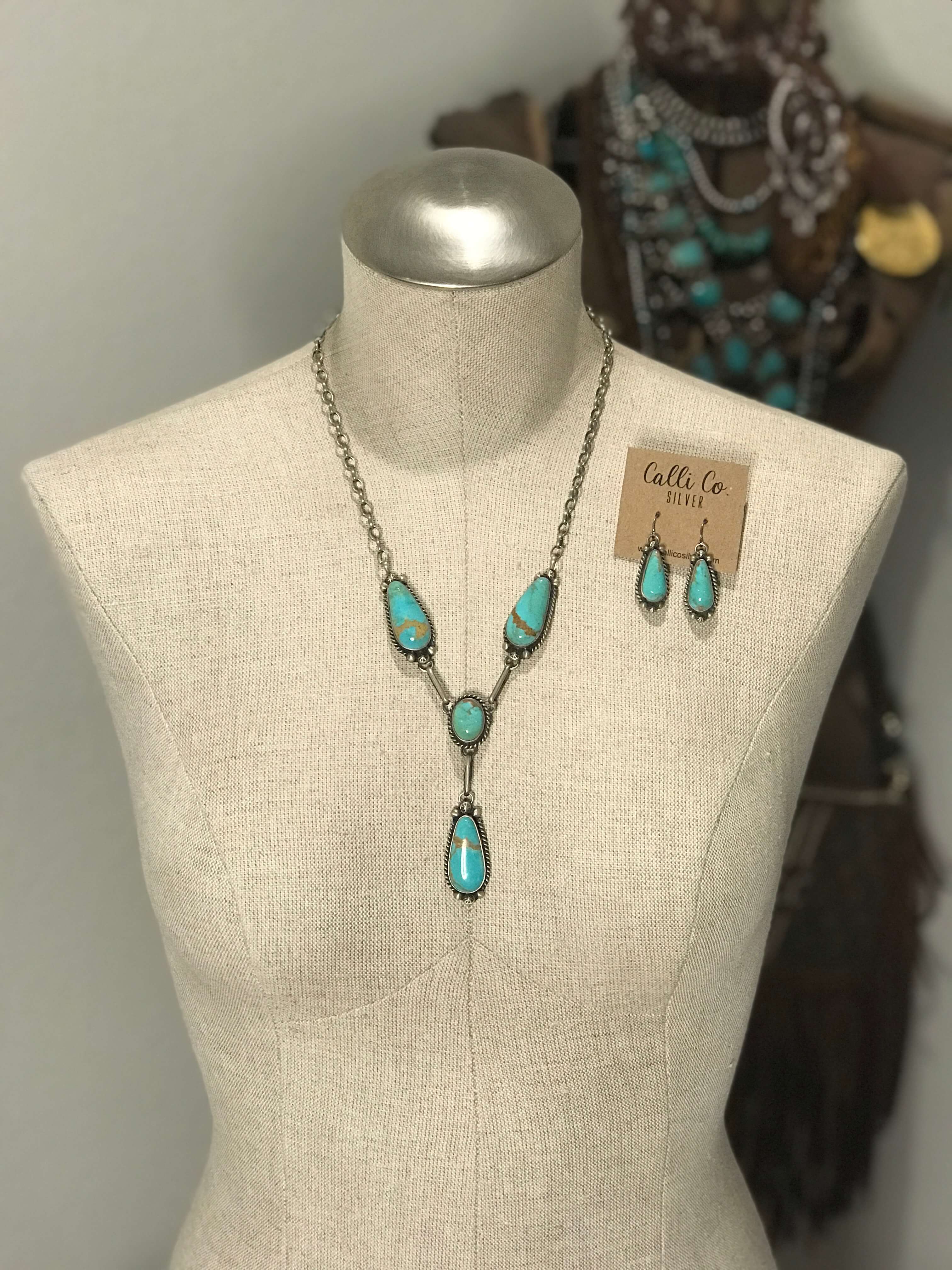 The Mascotte Turquoise Lariat Necklace Set-Necklaces-Calli Co., Turquoise and Silver Jewelry, Native American Handmade, Zuni Tribe, Navajo Tribe, Brock Texas