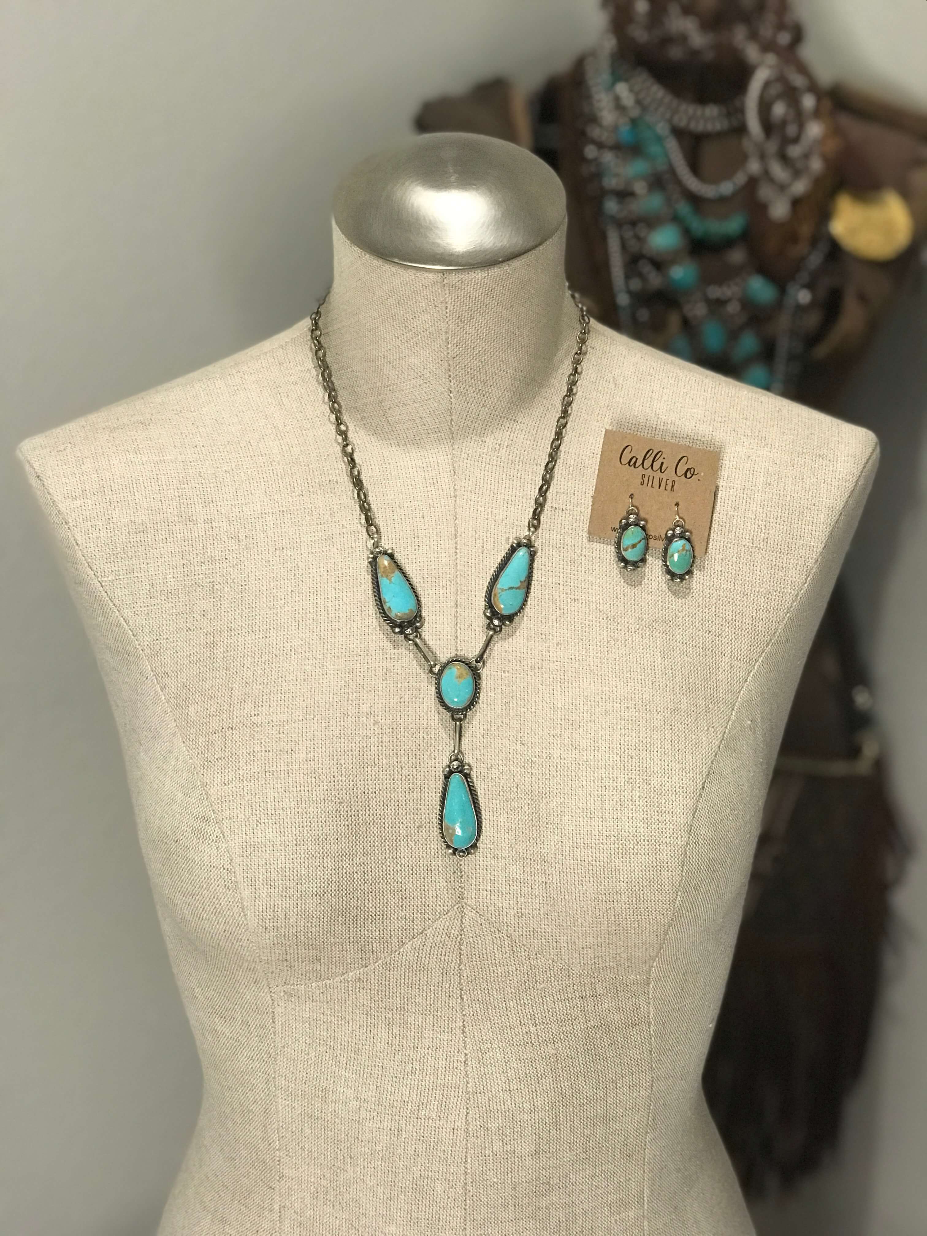 The Roseau Lariat Necklace Set-Necklaces-Calli Co., Turquoise and Silver Jewelry, Native American Handmade, Zuni Tribe, Navajo Tribe, Brock Texas