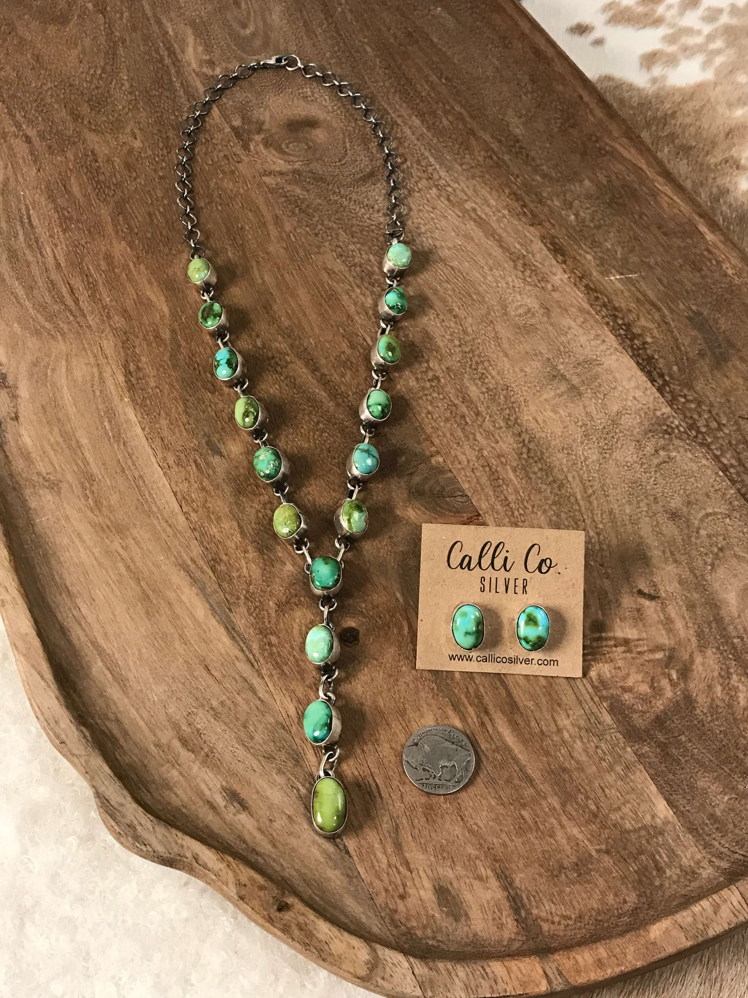 The Kallen Turquoise Lariat Necklace Set-Necklaces-Calli Co., Turquoise and Silver Jewelry, Native American Handmade, Zuni Tribe, Navajo Tribe, Brock Texas