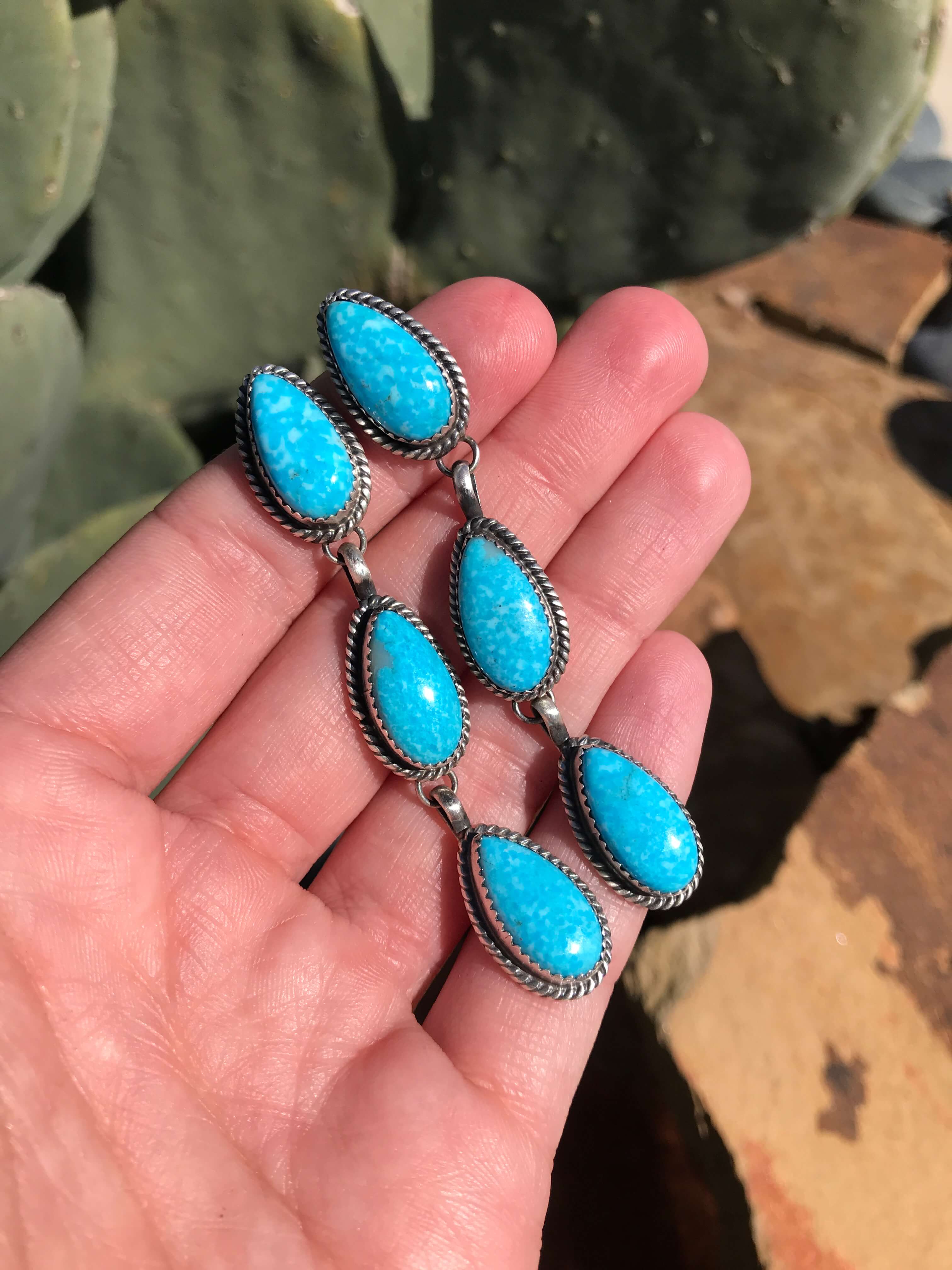 The 3 Stone Drop Earrings, 1-Earrings-Calli Co., Turquoise and Silver Jewelry, Native American Handmade, Zuni Tribe, Navajo Tribe, Brock Texas