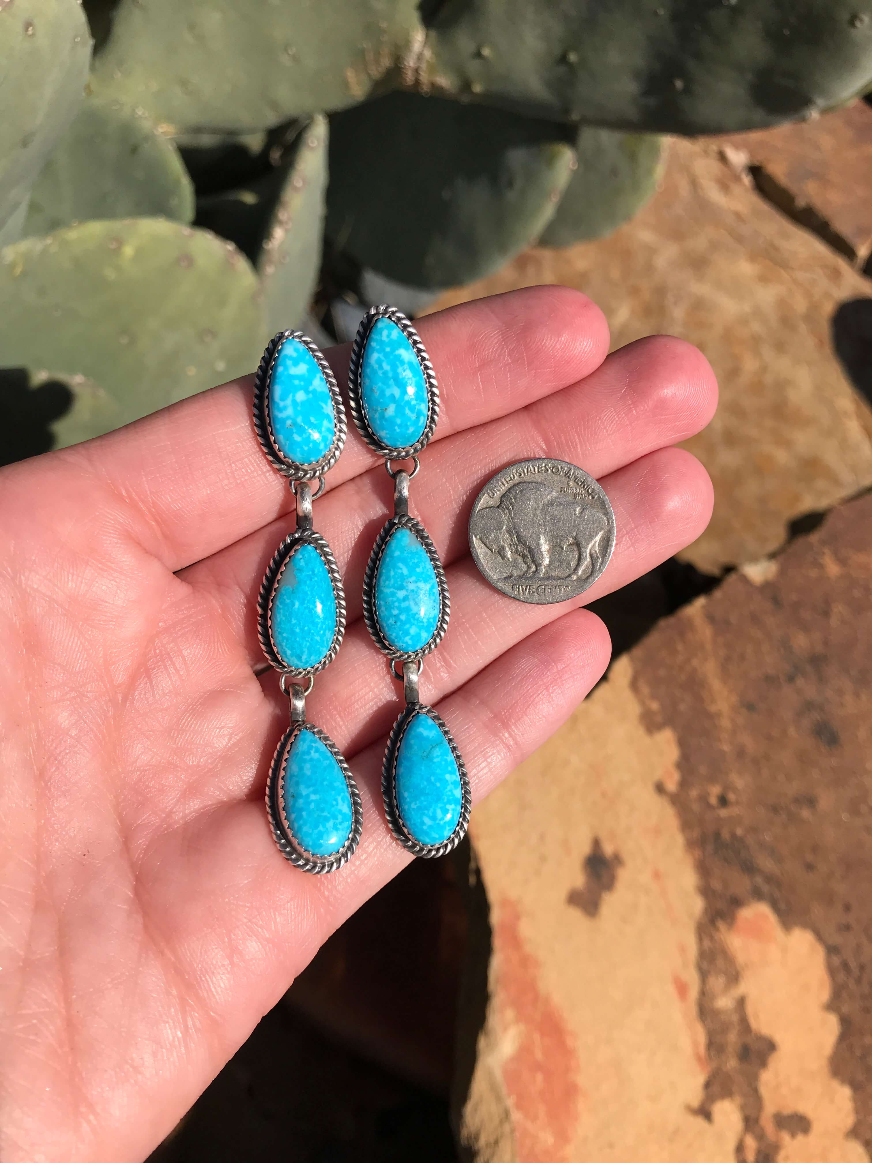 The 3 Stone Drop Earrings, 1-Earrings-Calli Co., Turquoise and Silver Jewelry, Native American Handmade, Zuni Tribe, Navajo Tribe, Brock Texas