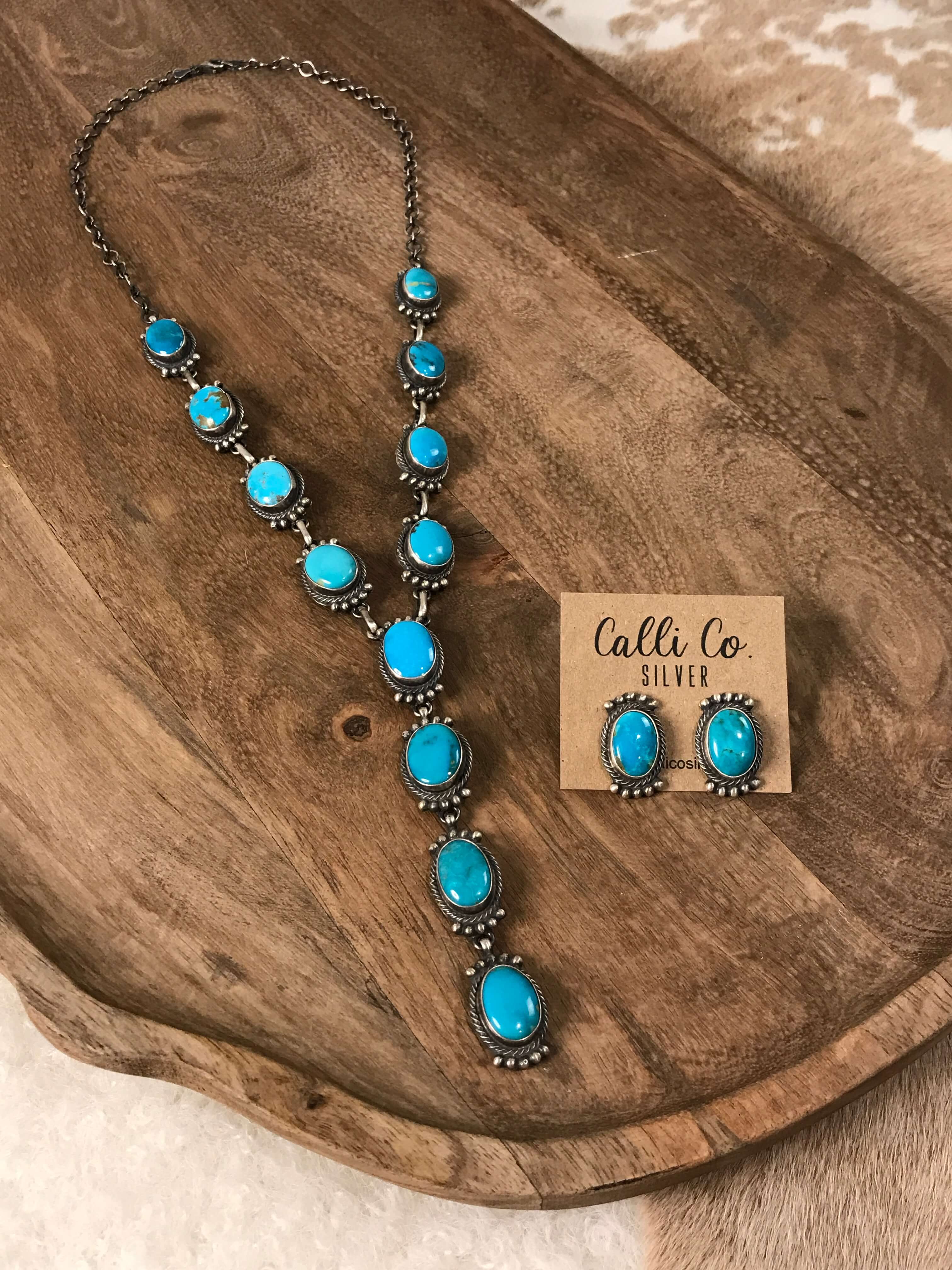 The Dayton Lariat Necklace Set-Necklaces-Calli Co., Turquoise and Silver Jewelry, Native American Handmade, Zuni Tribe, Navajo Tribe, Brock Texas