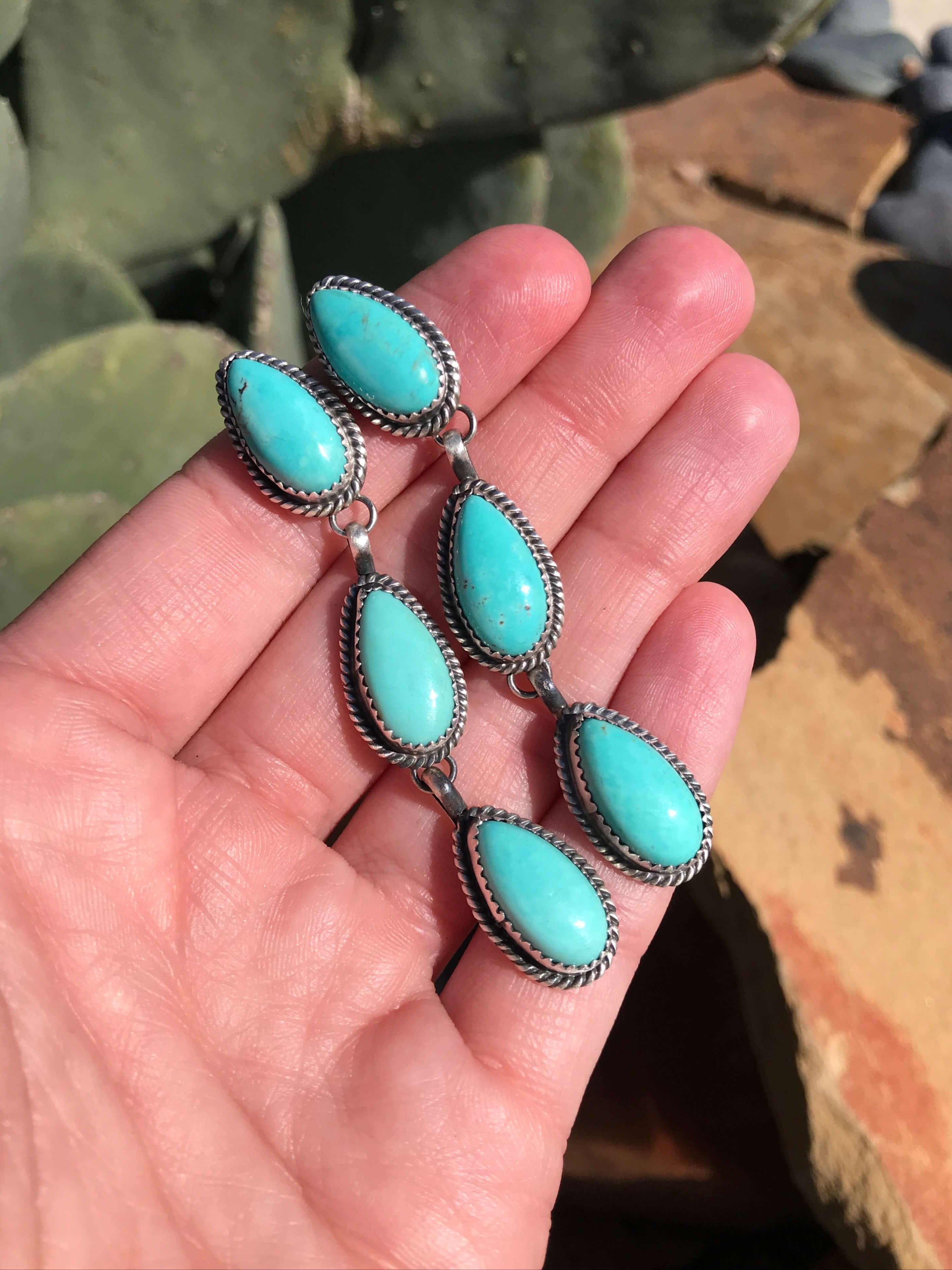 The 3 Stone Drop Earrings, 4-Earrings-Calli Co., Turquoise and Silver Jewelry, Native American Handmade, Zuni Tribe, Navajo Tribe, Brock Texas