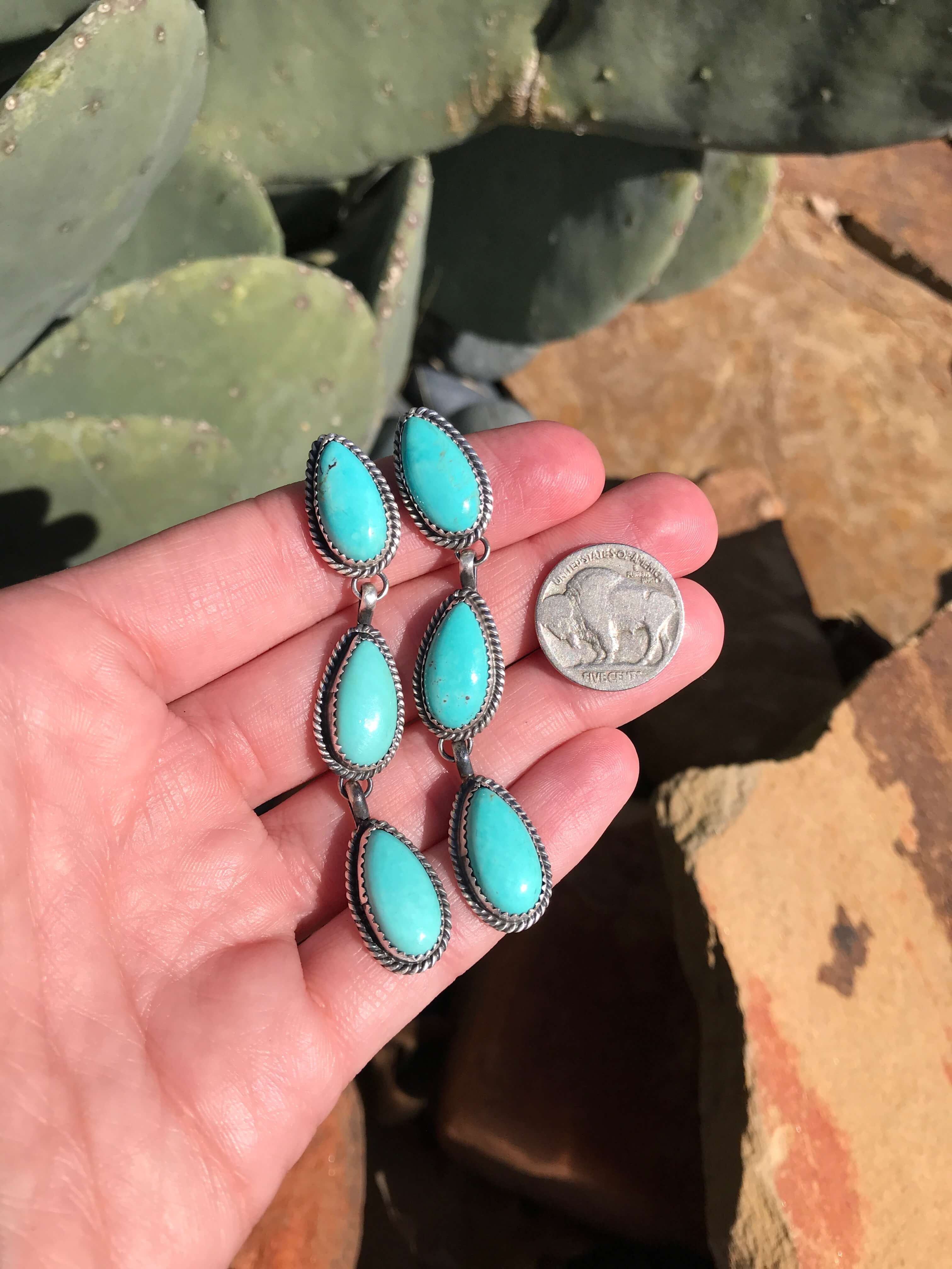 The 3 Stone Drop Earrings, 4-Earrings-Calli Co., Turquoise and Silver Jewelry, Native American Handmade, Zuni Tribe, Navajo Tribe, Brock Texas