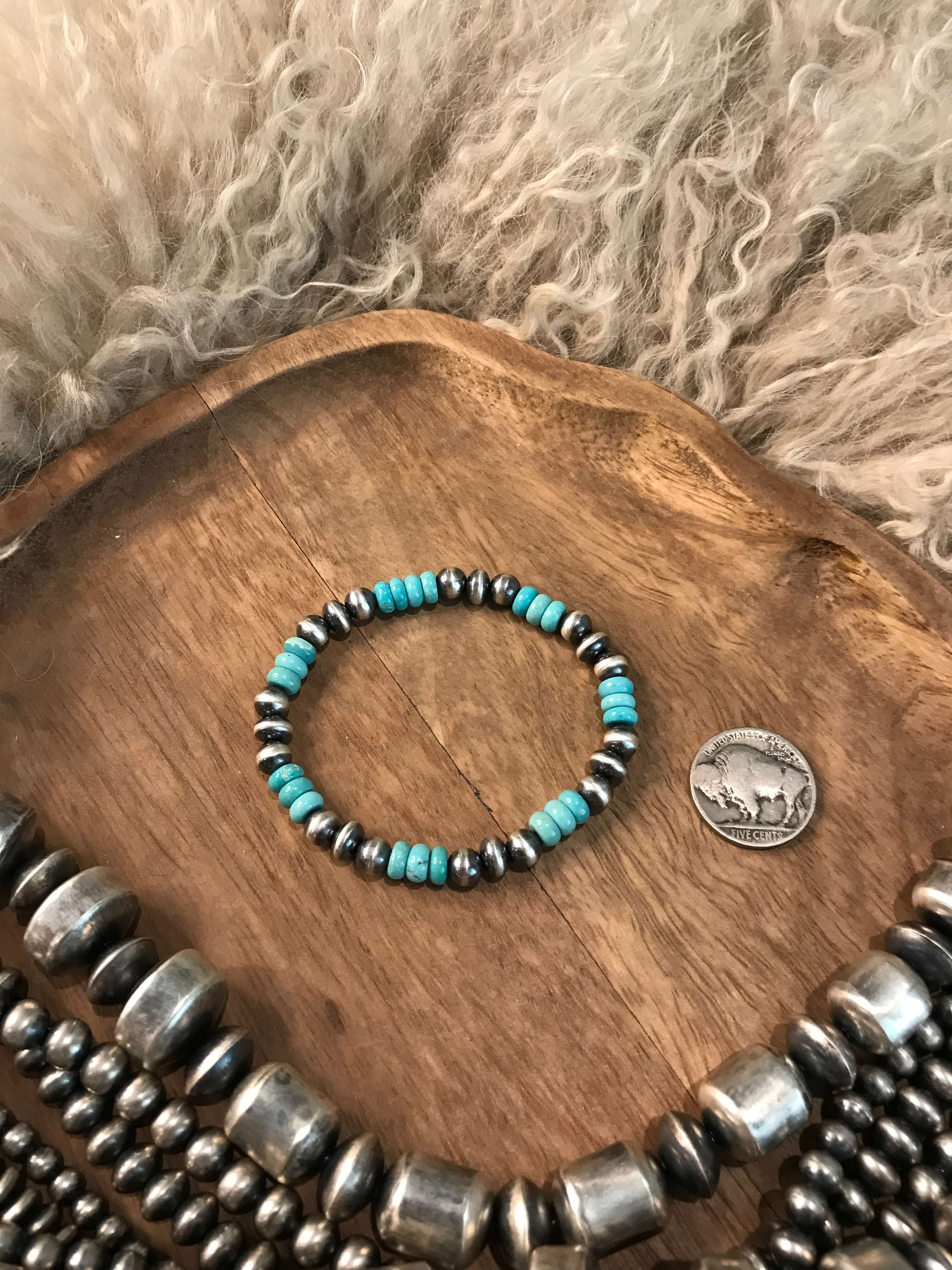 Genuine Turquoise deals And Copper Colored Beads Handmade Stretchy Bracelet