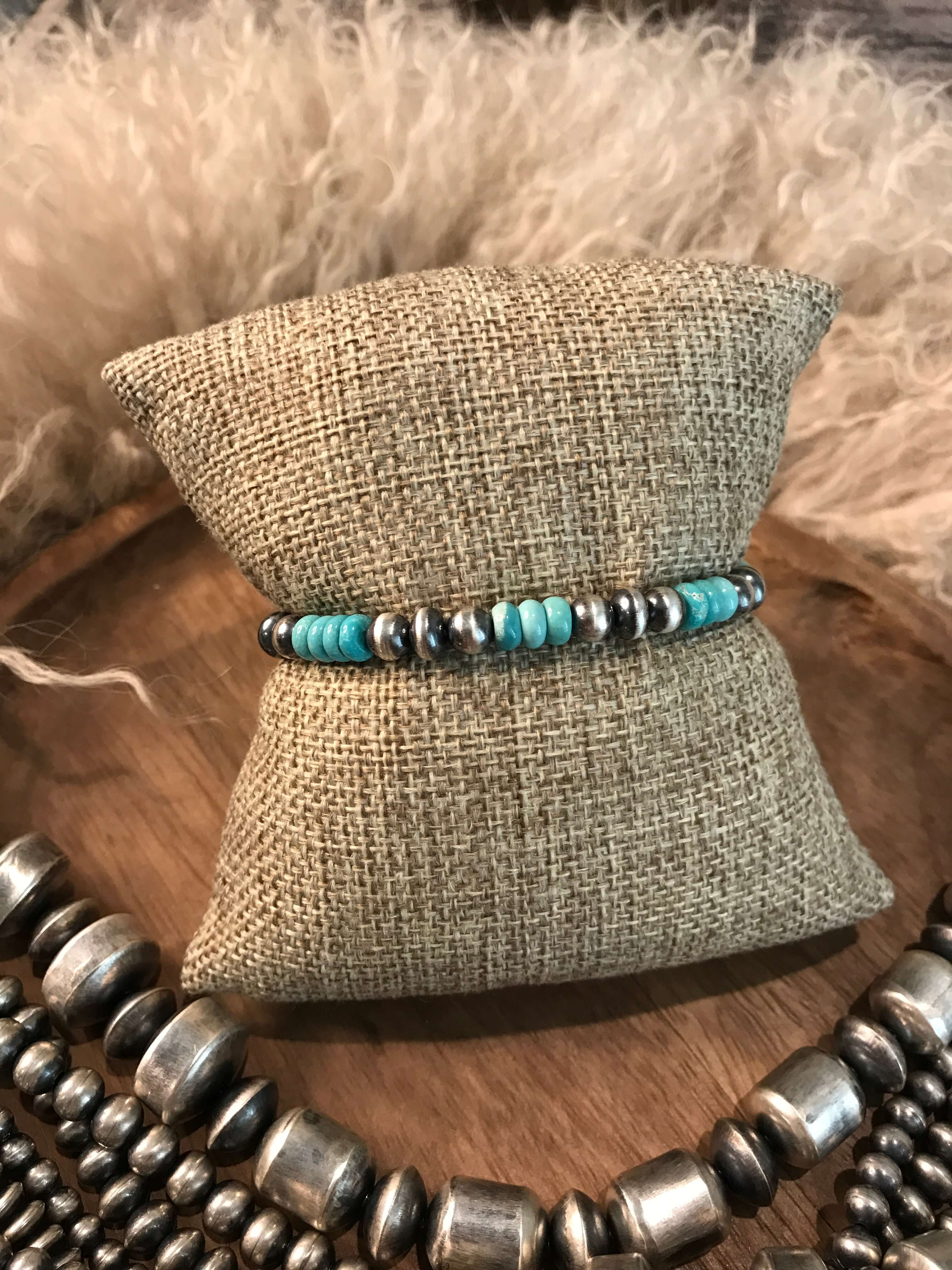 The Tenaha Stretch Bracelet in Turquoise-Bracelets & Cuffs-Calli Co., Turquoise and Silver Jewelry, Native American Handmade, Zuni Tribe, Navajo Tribe, Brock Texas