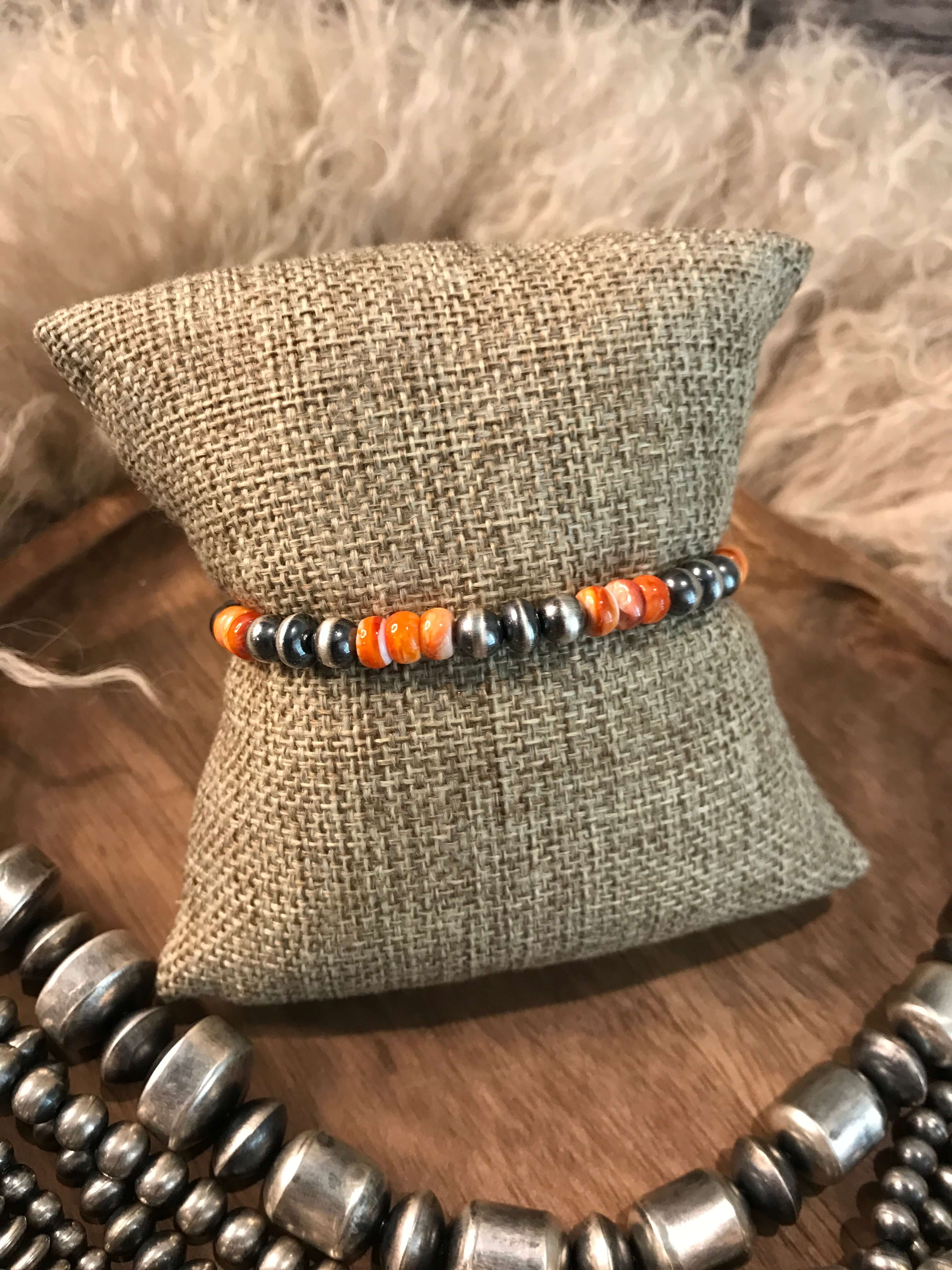 The Tenaha Stretch Bracelet in Orange Spiny-Bracelets & Cuffs-Calli Co., Turquoise and Silver Jewelry, Native American Handmade, Zuni Tribe, Navajo Tribe, Brock Texas