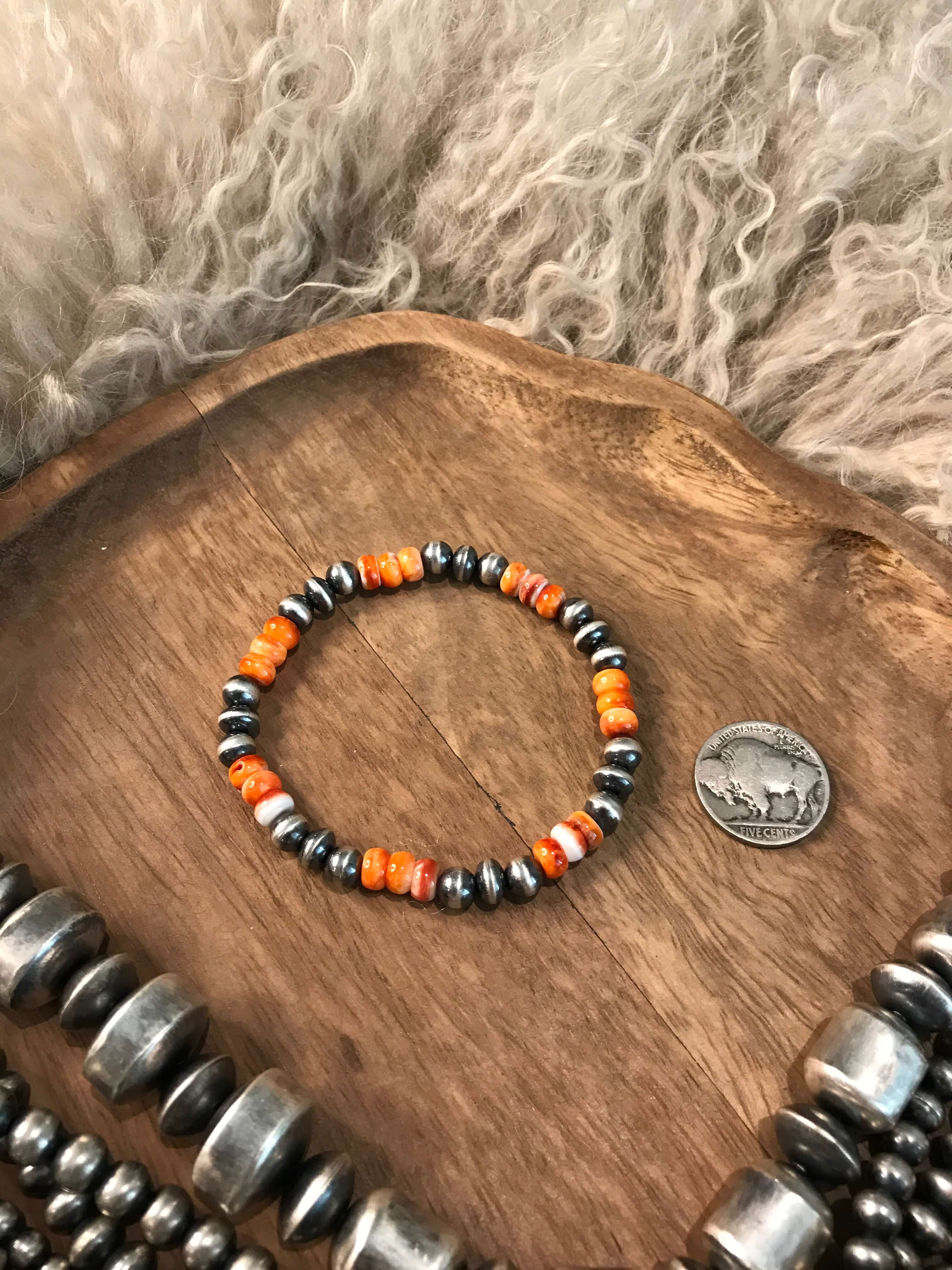 The Tenaha Stretch Bracelet in Orange Spiny-Bracelets & Cuffs-Calli Co., Turquoise and Silver Jewelry, Native American Handmade, Zuni Tribe, Navajo Tribe, Brock Texas