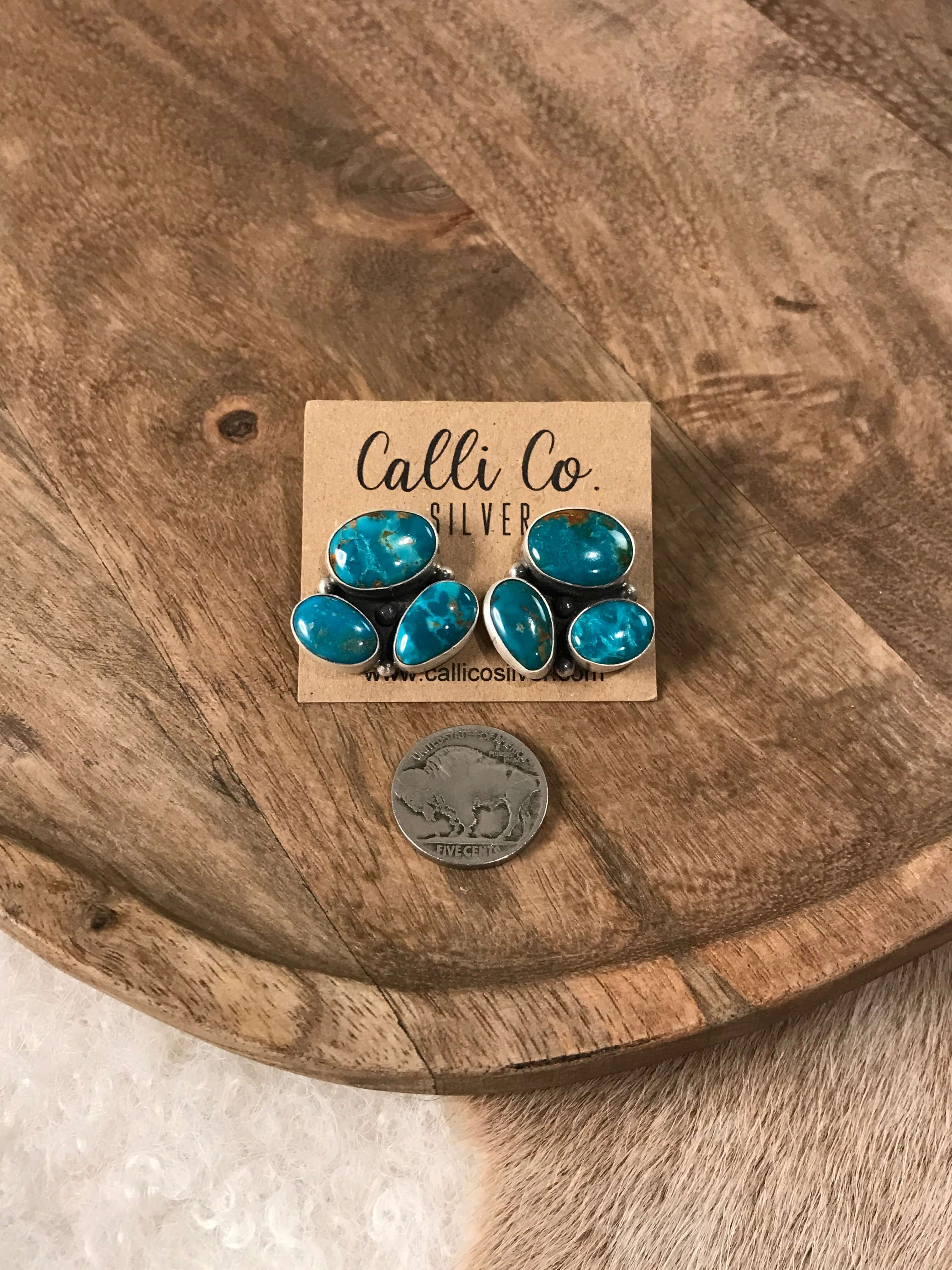 The Tempe Turquoise Cluster Earrings, 6-Earrings-Calli Co., Turquoise and Silver Jewelry, Native American Handmade, Zuni Tribe, Navajo Tribe, Brock Texas