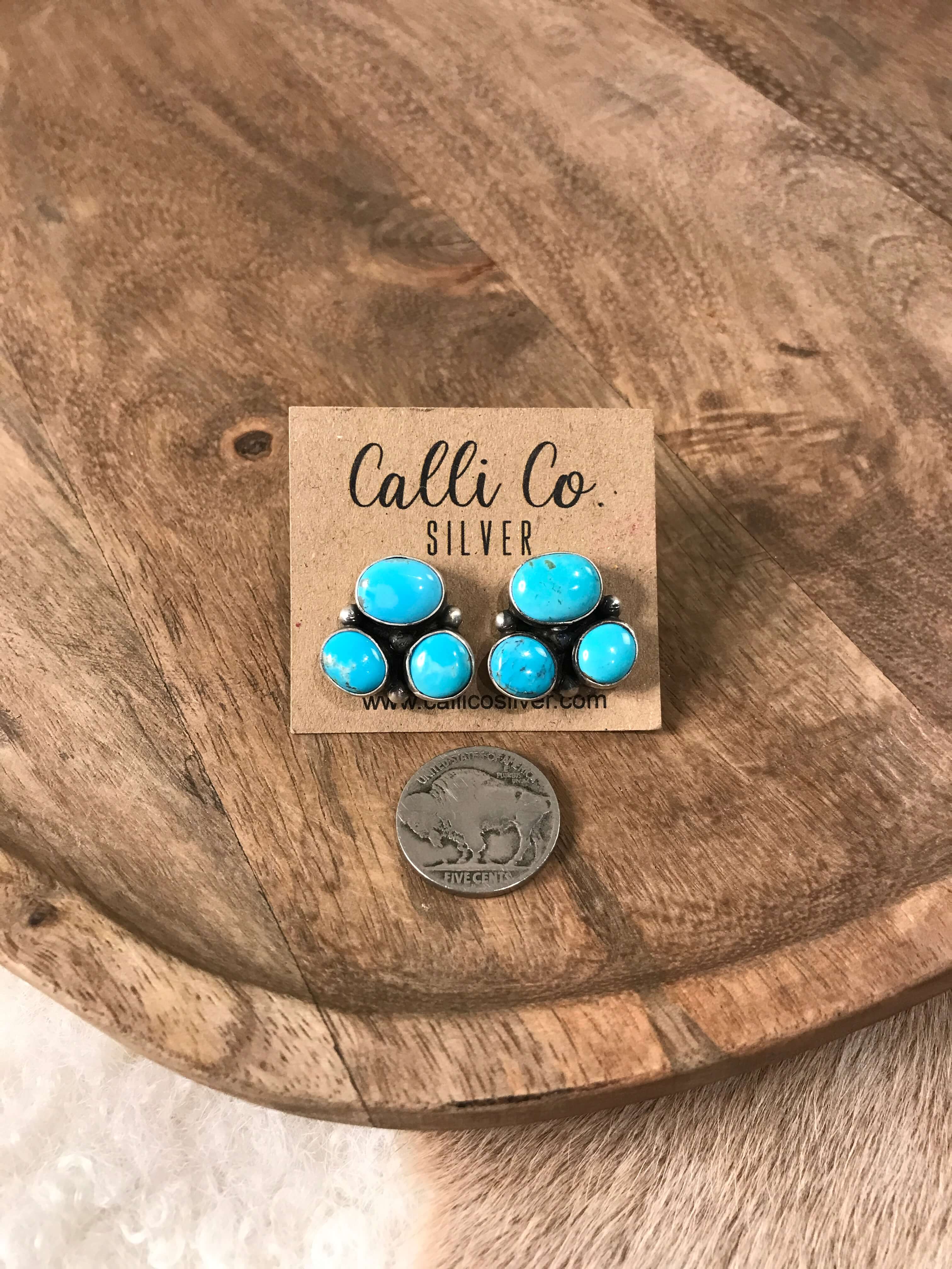 The Tempe Turquoise Cluster Earrings, 9-Earrings-Calli Co., Turquoise and Silver Jewelry, Native American Handmade, Zuni Tribe, Navajo Tribe, Brock Texas