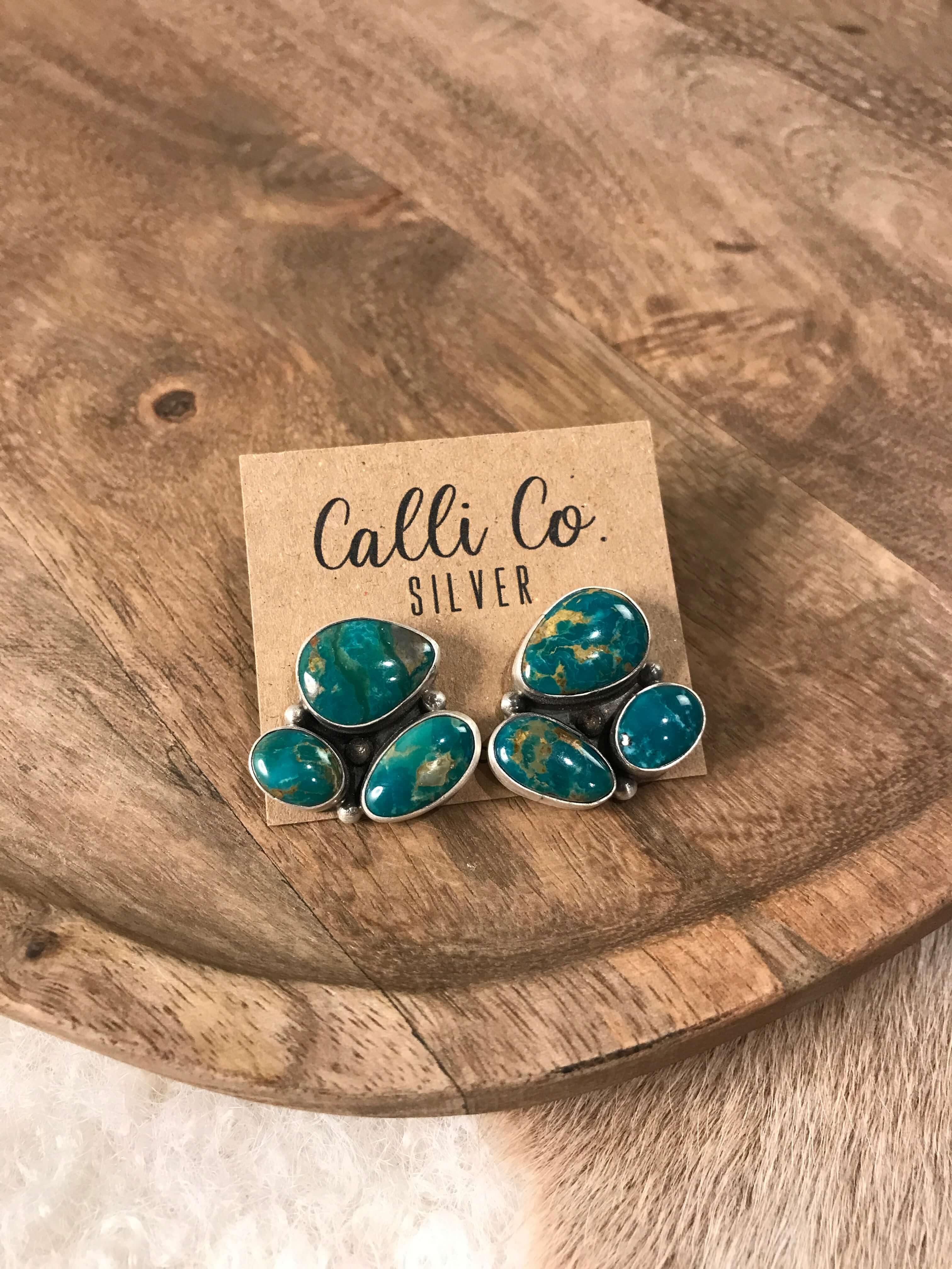 The Tempe Turquoise Cluster Earrings, 10-Earrings-Calli Co., Turquoise and Silver Jewelry, Native American Handmade, Zuni Tribe, Navajo Tribe, Brock Texas