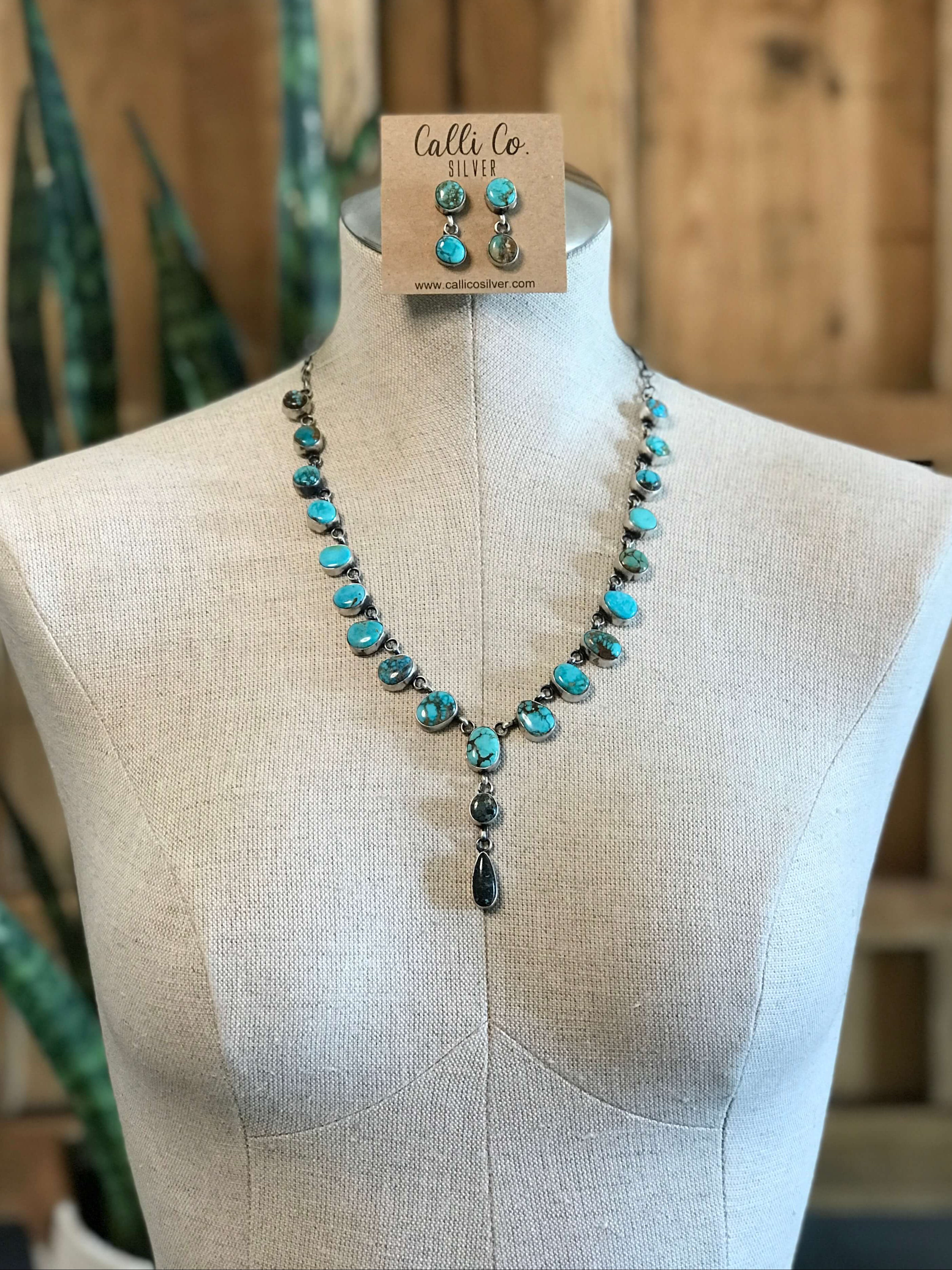 The Beau Turquoise Lariat Necklace Set-Necklaces-Calli Co., Turquoise and Silver Jewelry, Native American Handmade, Zuni Tribe, Navajo Tribe, Brock Texas