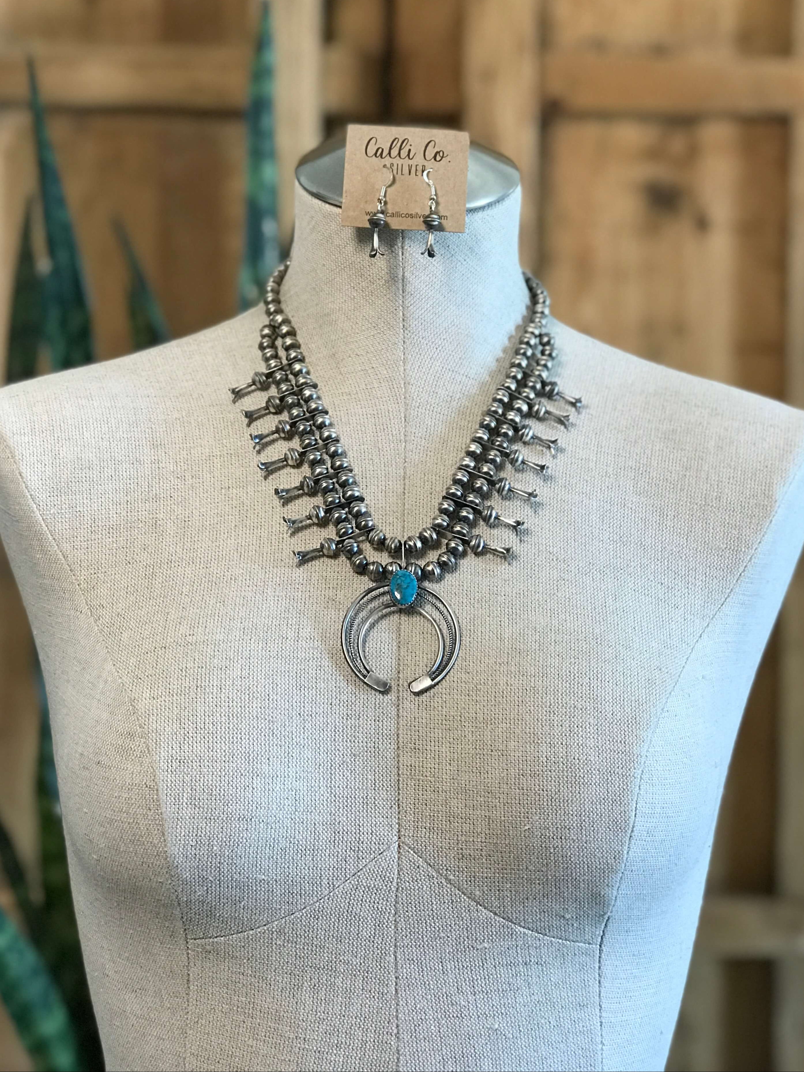 The Samba Squash Blossom Necklace Set-Necklaces-Calli Co., Turquoise and Silver Jewelry, Native American Handmade, Zuni Tribe, Navajo Tribe, Brock Texas