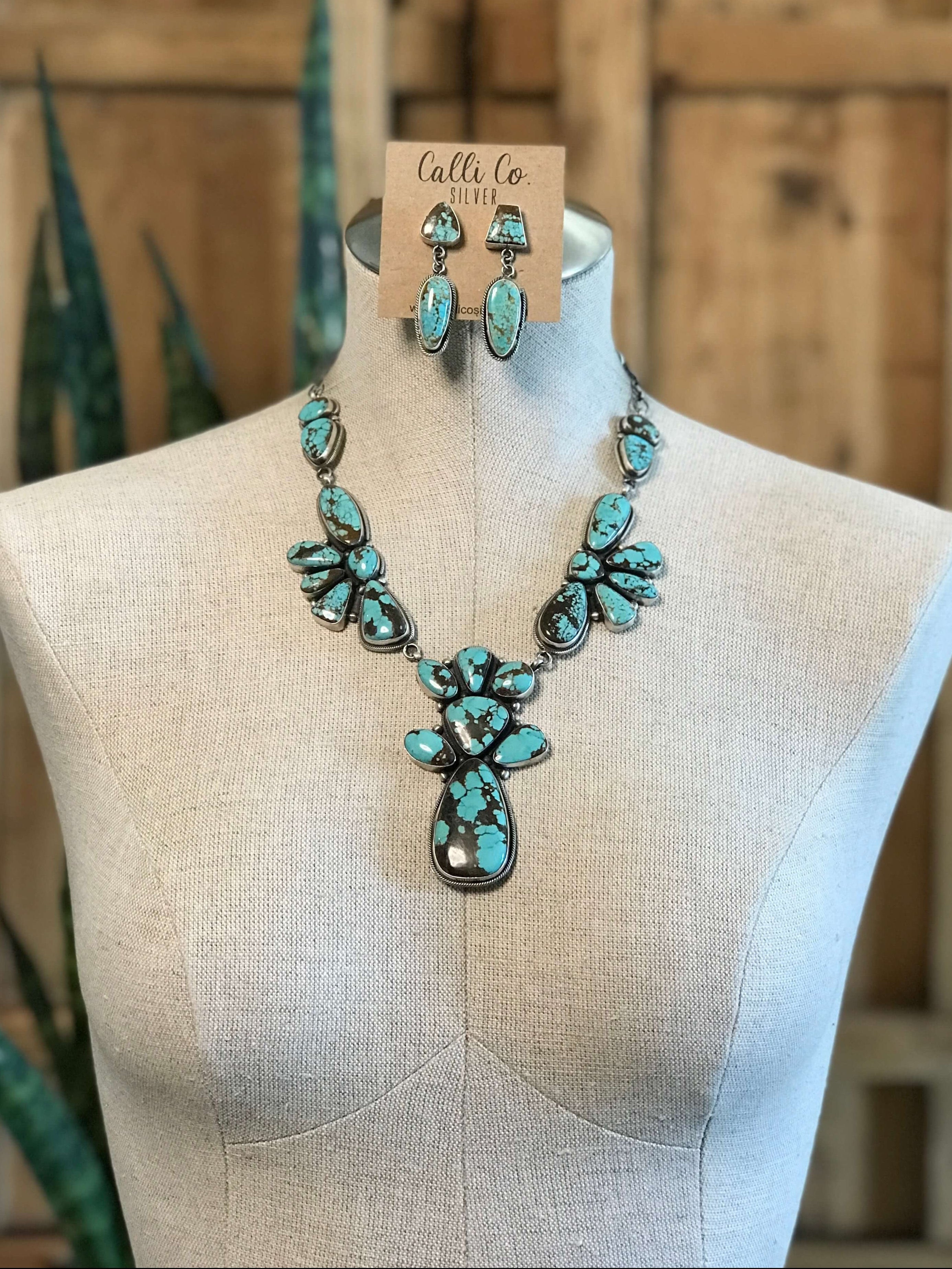 The Antigo Turquoise Statement Necklace Set-Necklaces-Calli Co., Turquoise and Silver Jewelry, Native American Handmade, Zuni Tribe, Navajo Tribe, Brock Texas