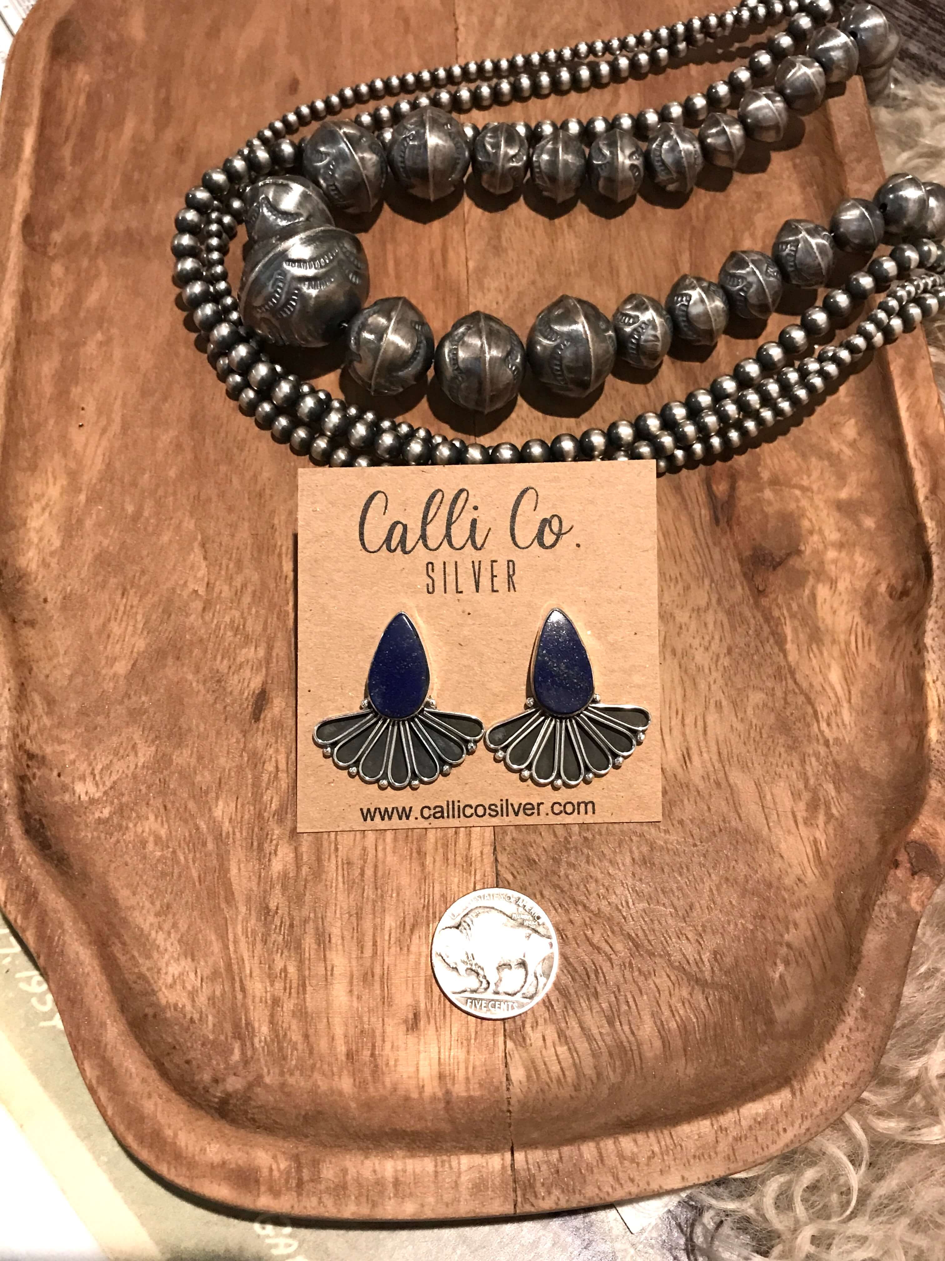 The Alaskan Lapis Earrings, 2-Earrings-Calli Co., Turquoise and Silver Jewelry, Native American Handmade, Zuni Tribe, Navajo Tribe, Brock Texas