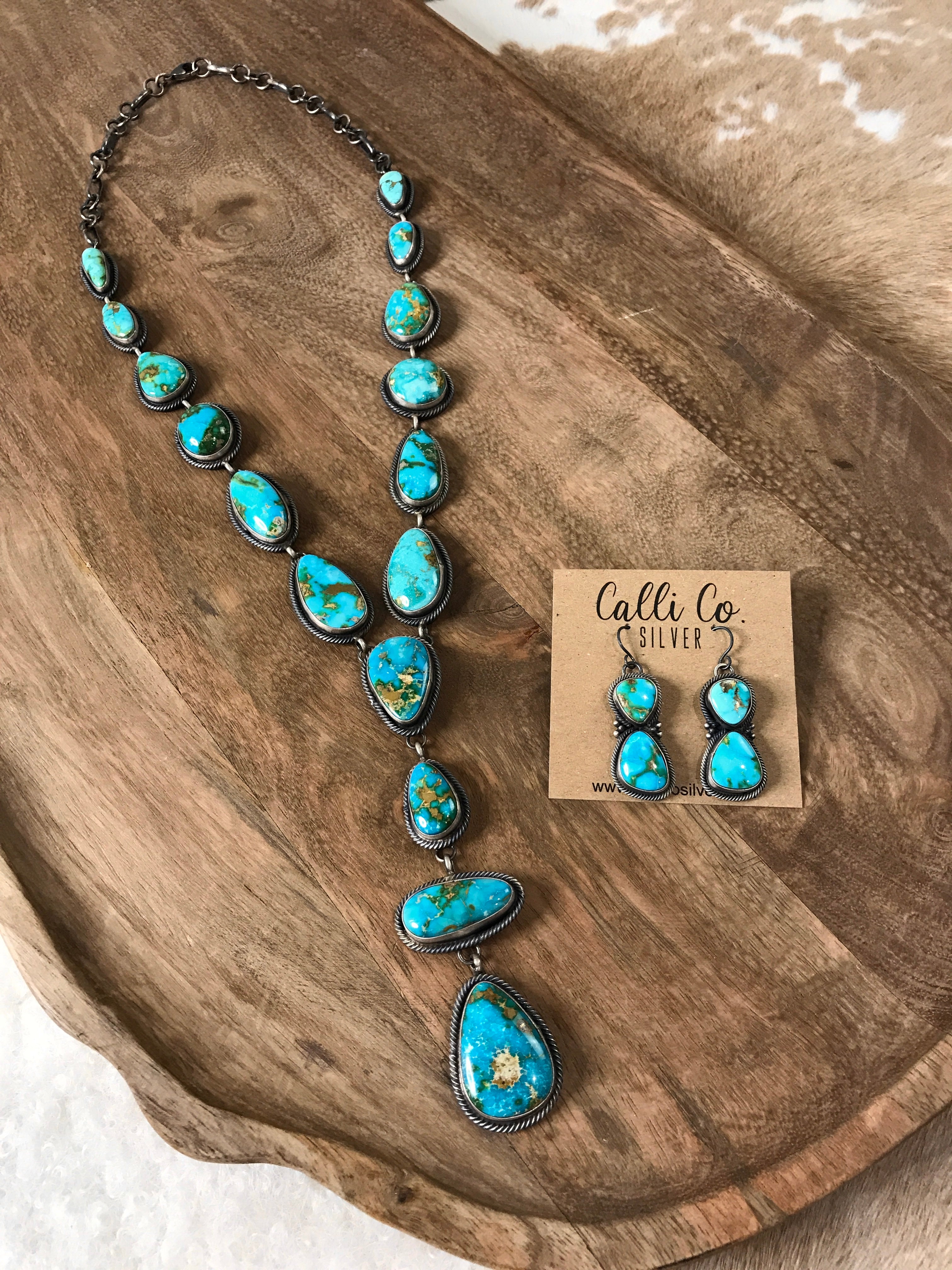 The Roper Turquoise Lariat Necklace Set-Necklaces-Calli Co., Turquoise and Silver Jewelry, Native American Handmade, Zuni Tribe, Navajo Tribe, Brock Texas