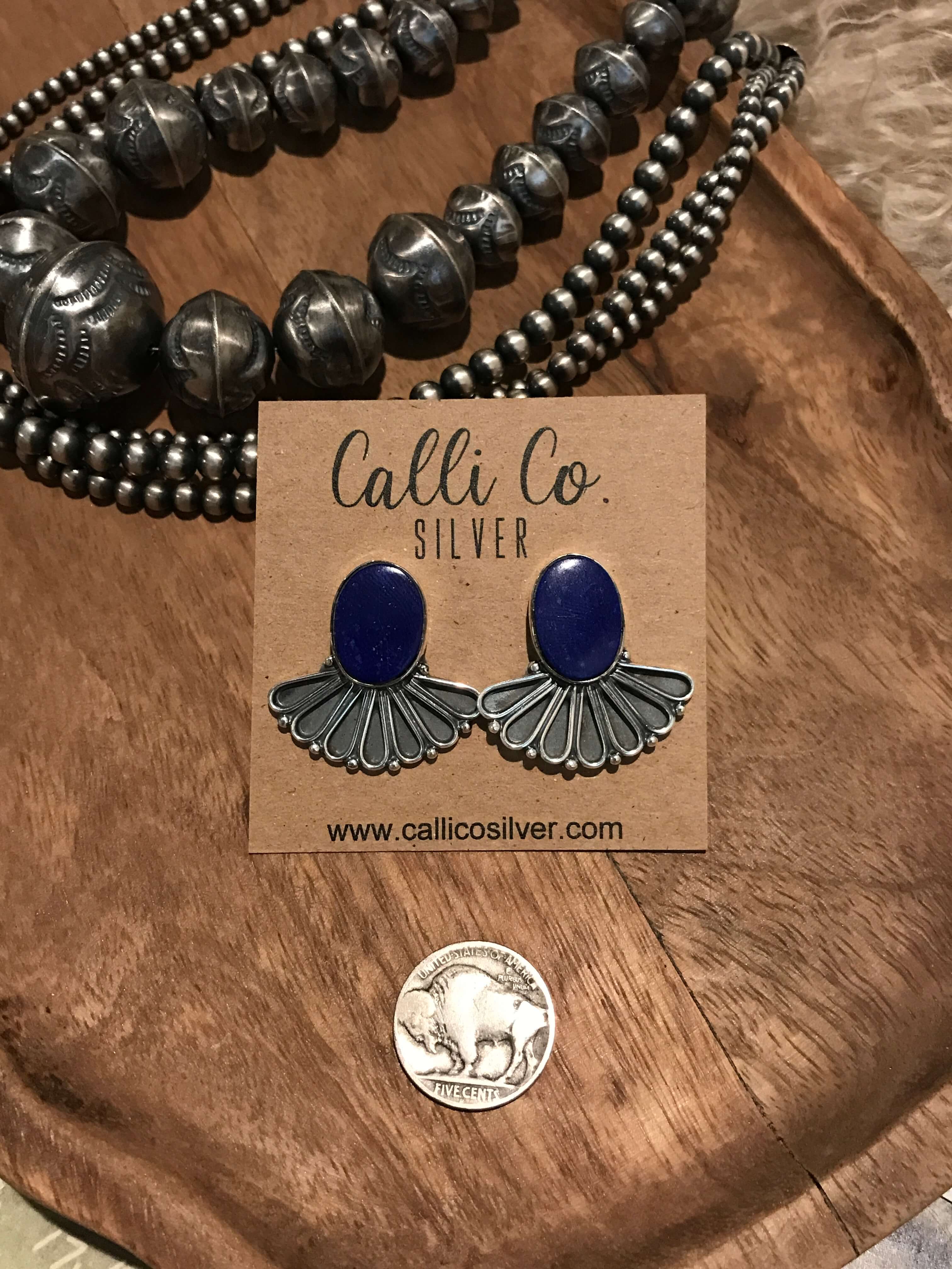 The Alaskan Lapis Earrings, 1-Earrings-Calli Co., Turquoise and Silver Jewelry, Native American Handmade, Zuni Tribe, Navajo Tribe, Brock Texas