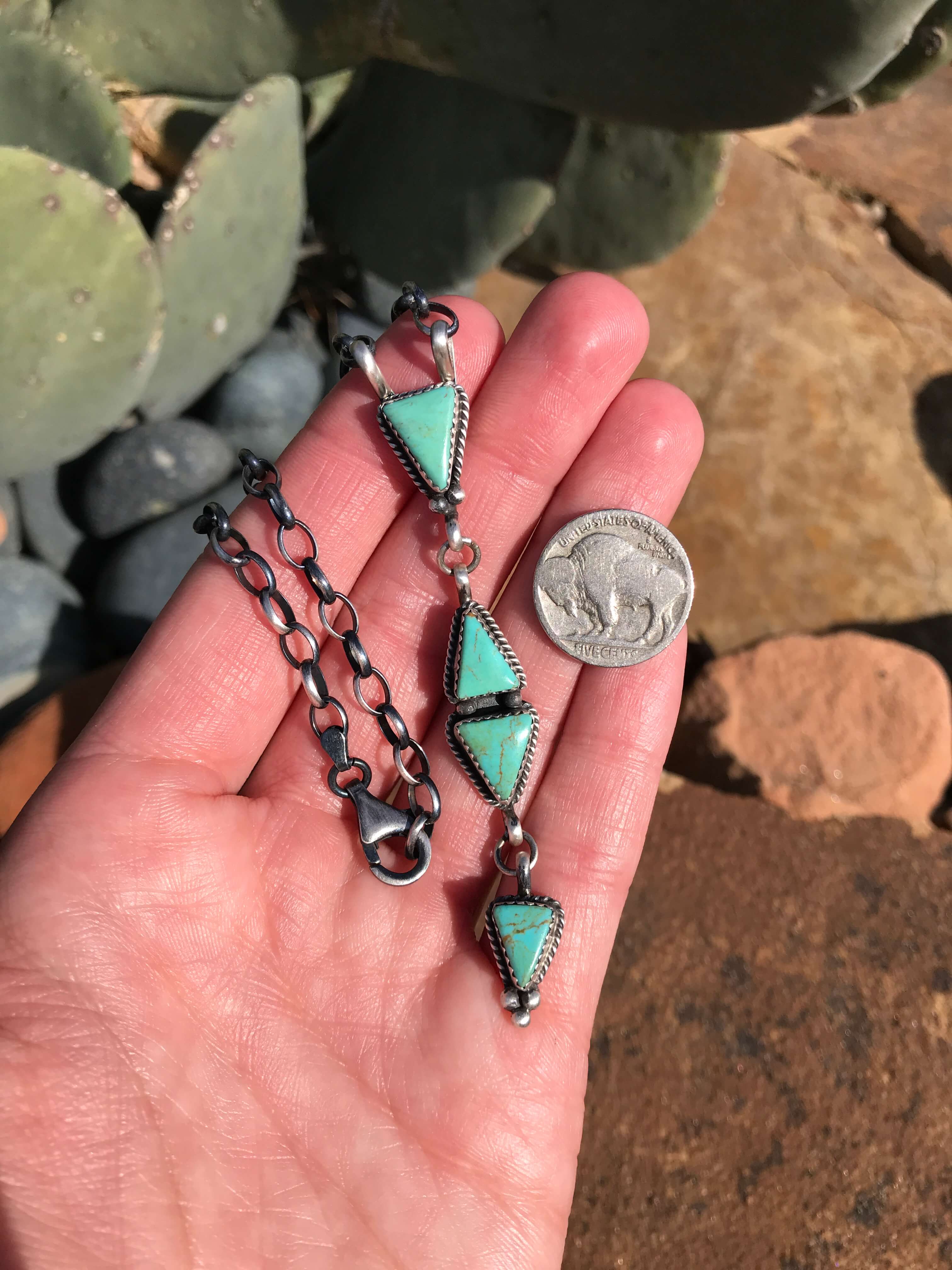 The Arroyo 4 Stone Lariat, 3-Necklaces-Calli Co., Turquoise and Silver Jewelry, Native American Handmade, Zuni Tribe, Navajo Tribe, Brock Texas