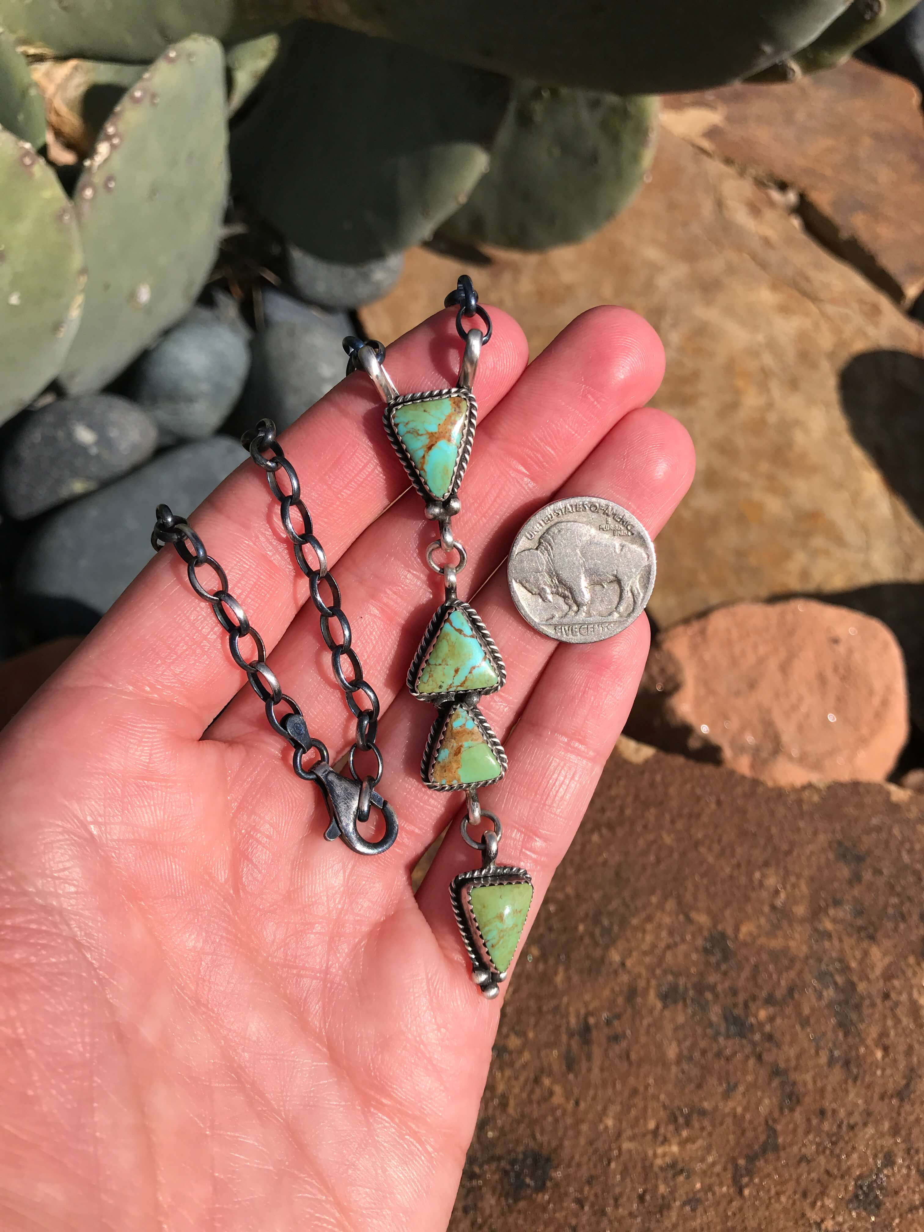 The Arroyo 4 Stone Lariat, 5-Necklaces-Calli Co., Turquoise and Silver Jewelry, Native American Handmade, Zuni Tribe, Navajo Tribe, Brock Texas