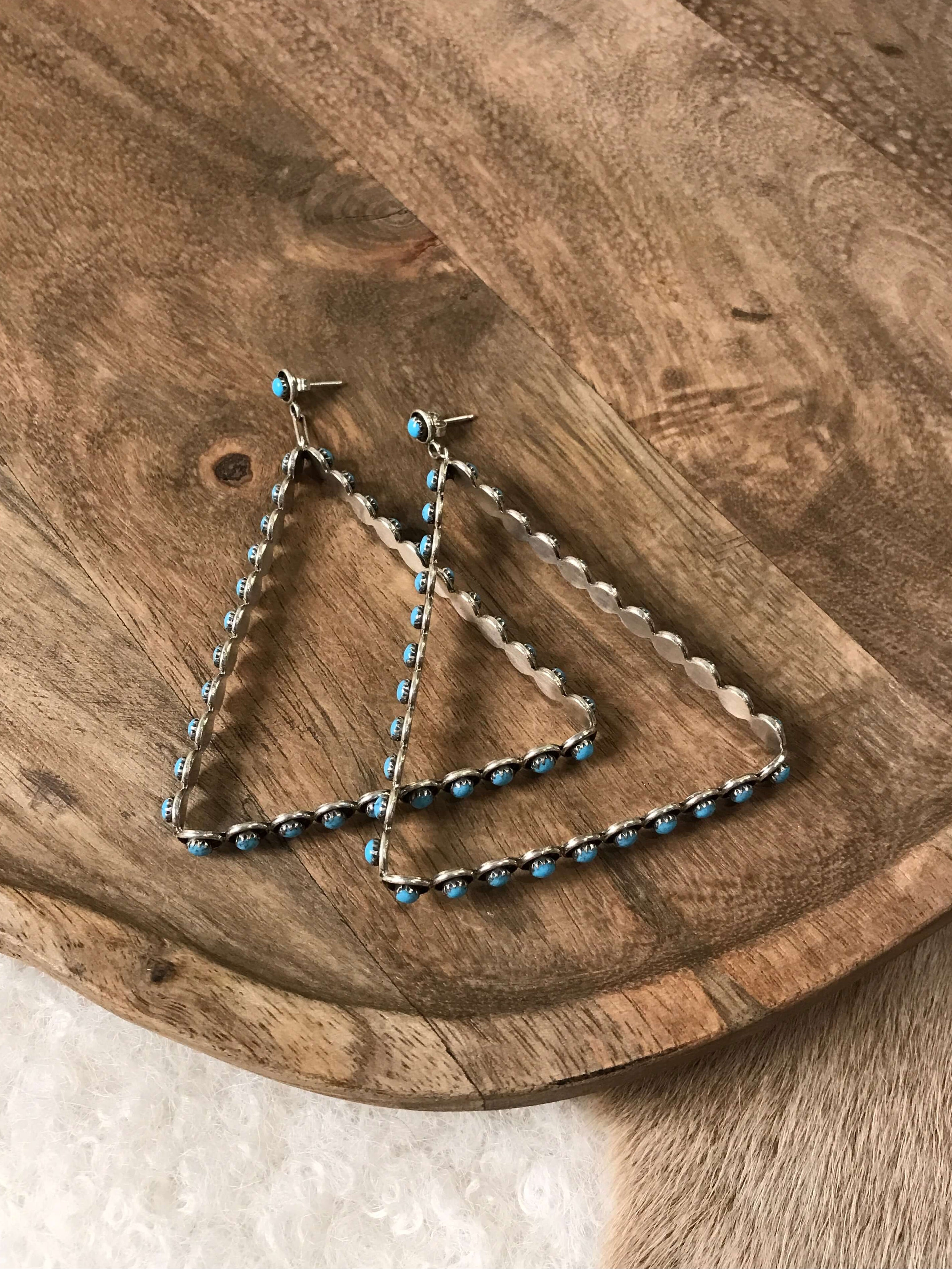 The Colossal Petit Point Triangle Hoop Earrings-Earrings-Calli Co., Turquoise and Silver Jewelry, Native American Handmade, Zuni Tribe, Navajo Tribe, Brock Texas