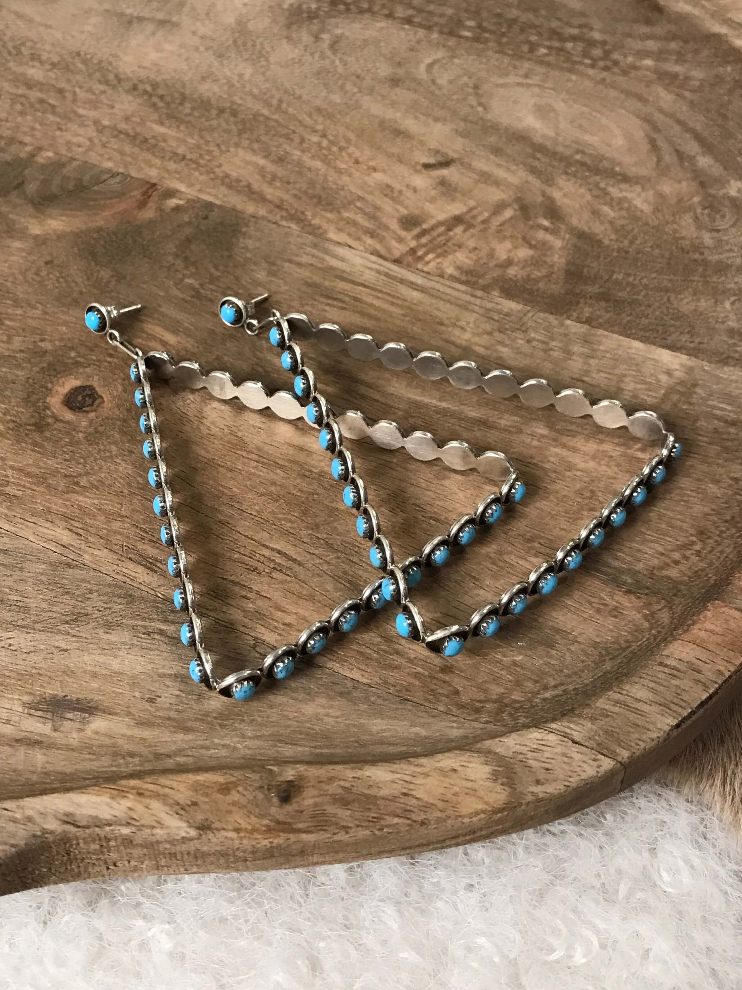 The Colossal Petit Point Triangle Hoop Earrings-Earrings-Calli Co., Turquoise and Silver Jewelry, Native American Handmade, Zuni Tribe, Navajo Tribe, Brock Texas
