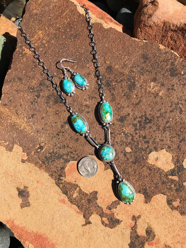 The Palms Turquoise Lariat Necklace Set-Necklaces-Calli Co., Turquoise and Silver Jewelry, Native American Handmade, Zuni Tribe, Navajo Tribe, Brock Texas