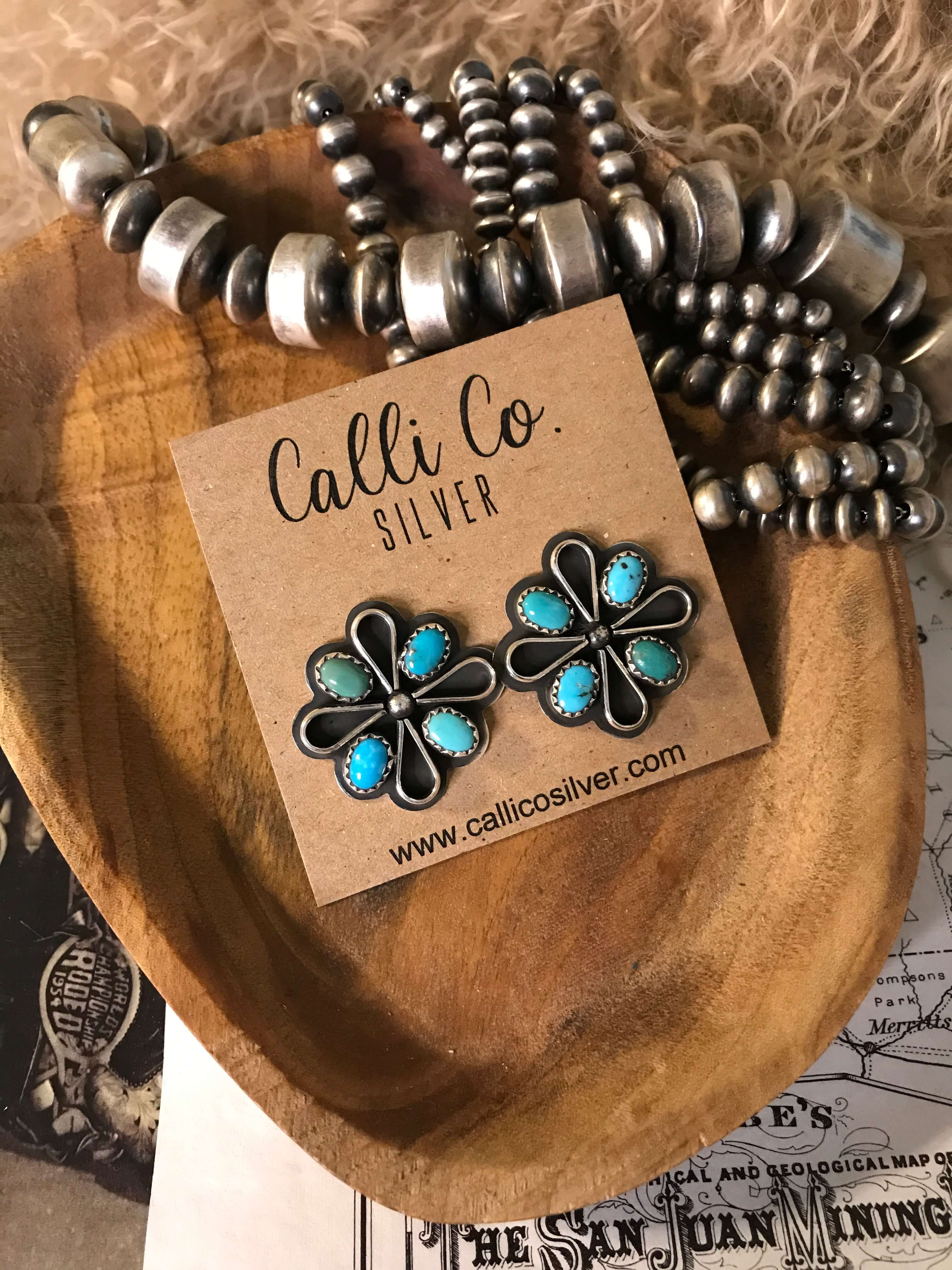 The Campo Turquoise Earrings, 1-Earrings-Calli Co., Turquoise and Silver Jewelry, Native American Handmade, Zuni Tribe, Navajo Tribe, Brock Texas