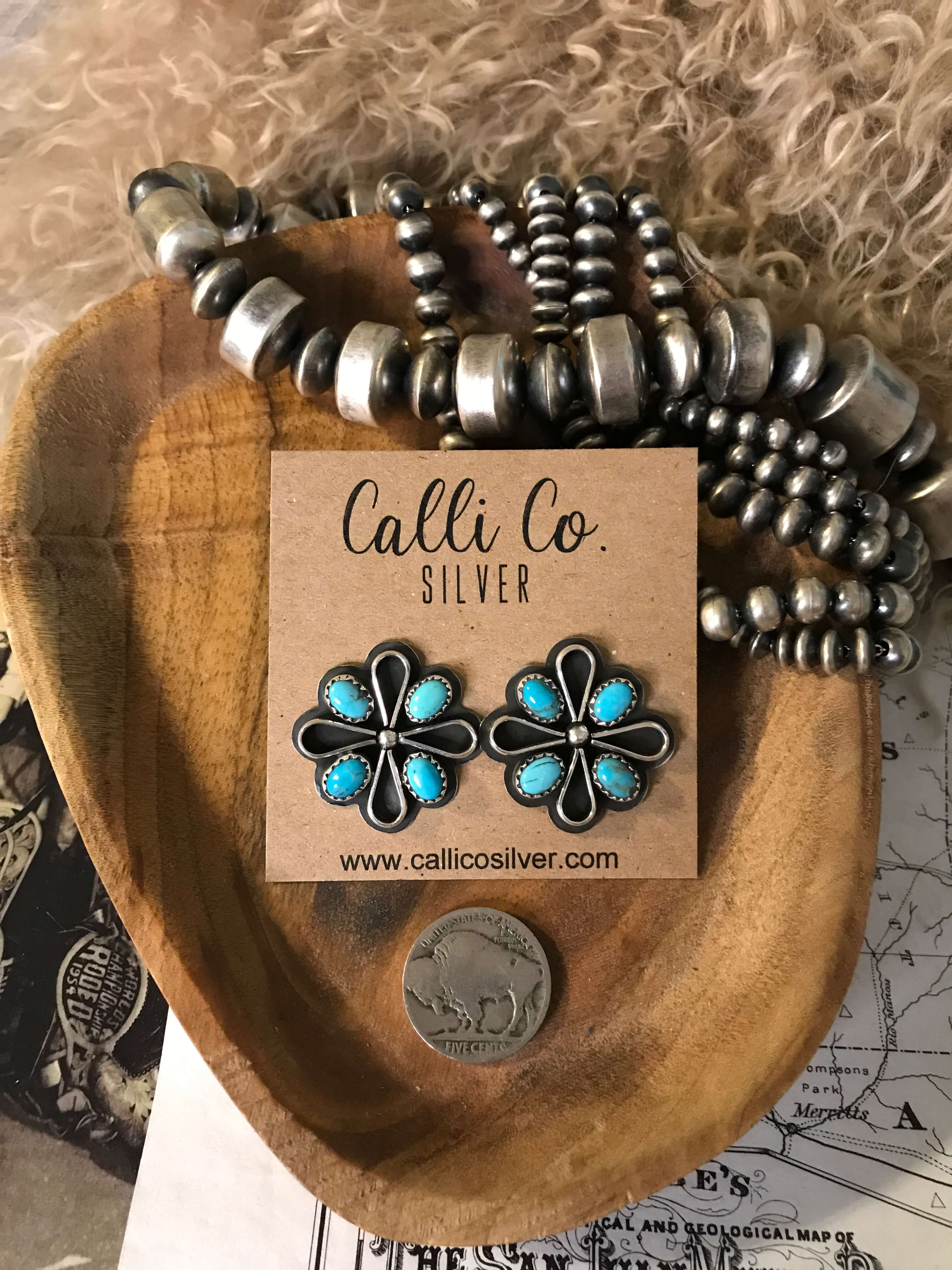 The Campo Turquoise Earrings, 2-Earrings-Calli Co., Turquoise and Silver Jewelry, Native American Handmade, Zuni Tribe, Navajo Tribe, Brock Texas