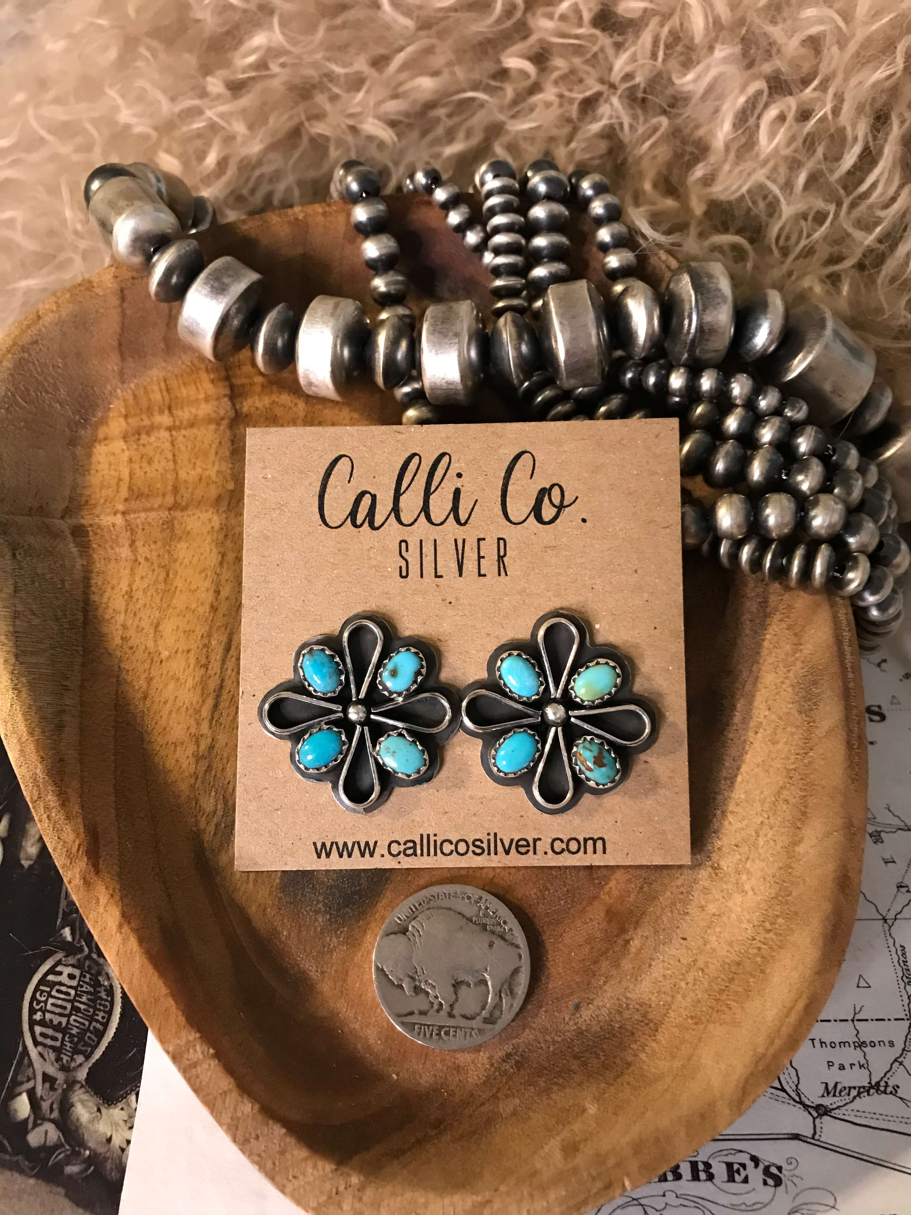 The Campo Turquoise Earrings, 3-Earrings-Calli Co., Turquoise and Silver Jewelry, Native American Handmade, Zuni Tribe, Navajo Tribe, Brock Texas