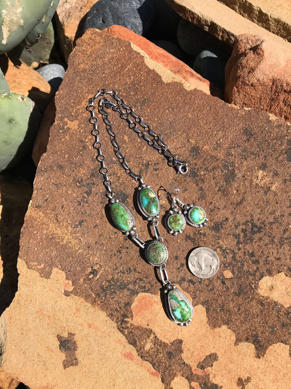 The Runnion Turquoise Lariat Necklace Set-Necklaces-Calli Co., Turquoise and Silver Jewelry, Native American Handmade, Zuni Tribe, Navajo Tribe, Brock Texas