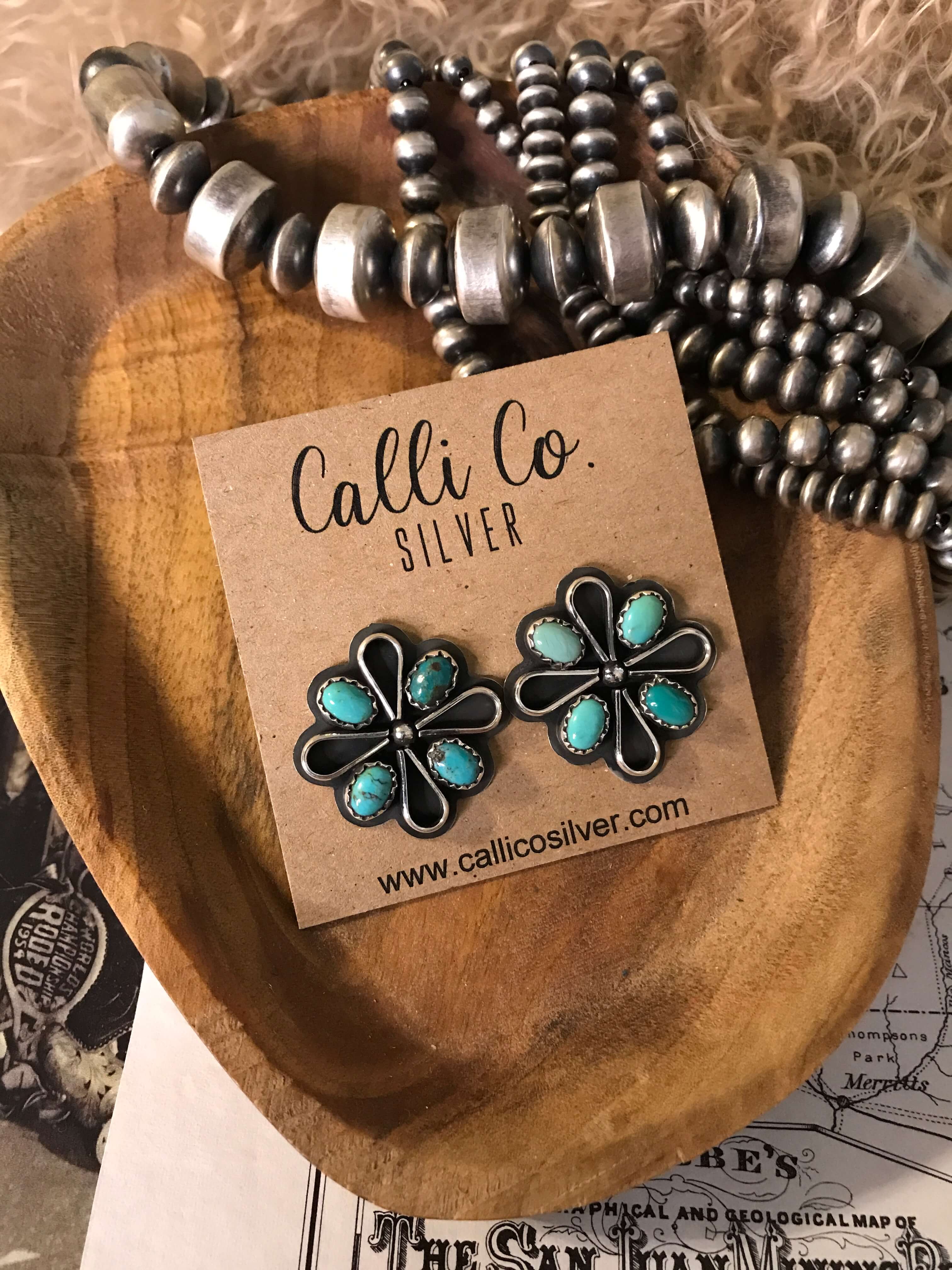 The Campo Turquoise Earrings, 4-Earrings-Calli Co., Turquoise and Silver Jewelry, Native American Handmade, Zuni Tribe, Navajo Tribe, Brock Texas