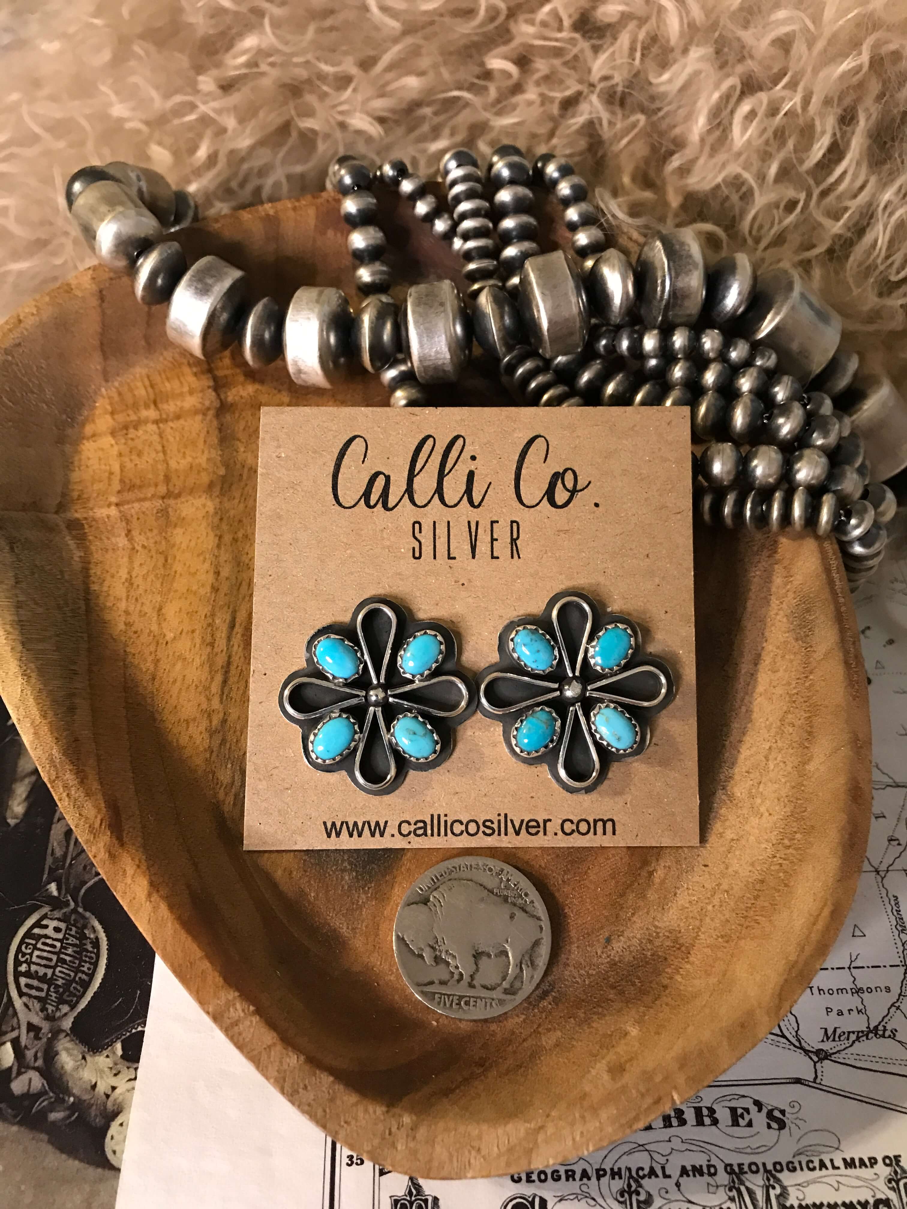 The Campo Turquoise Earrings, 6-Earrings-Calli Co., Turquoise and Silver Jewelry, Native American Handmade, Zuni Tribe, Navajo Tribe, Brock Texas