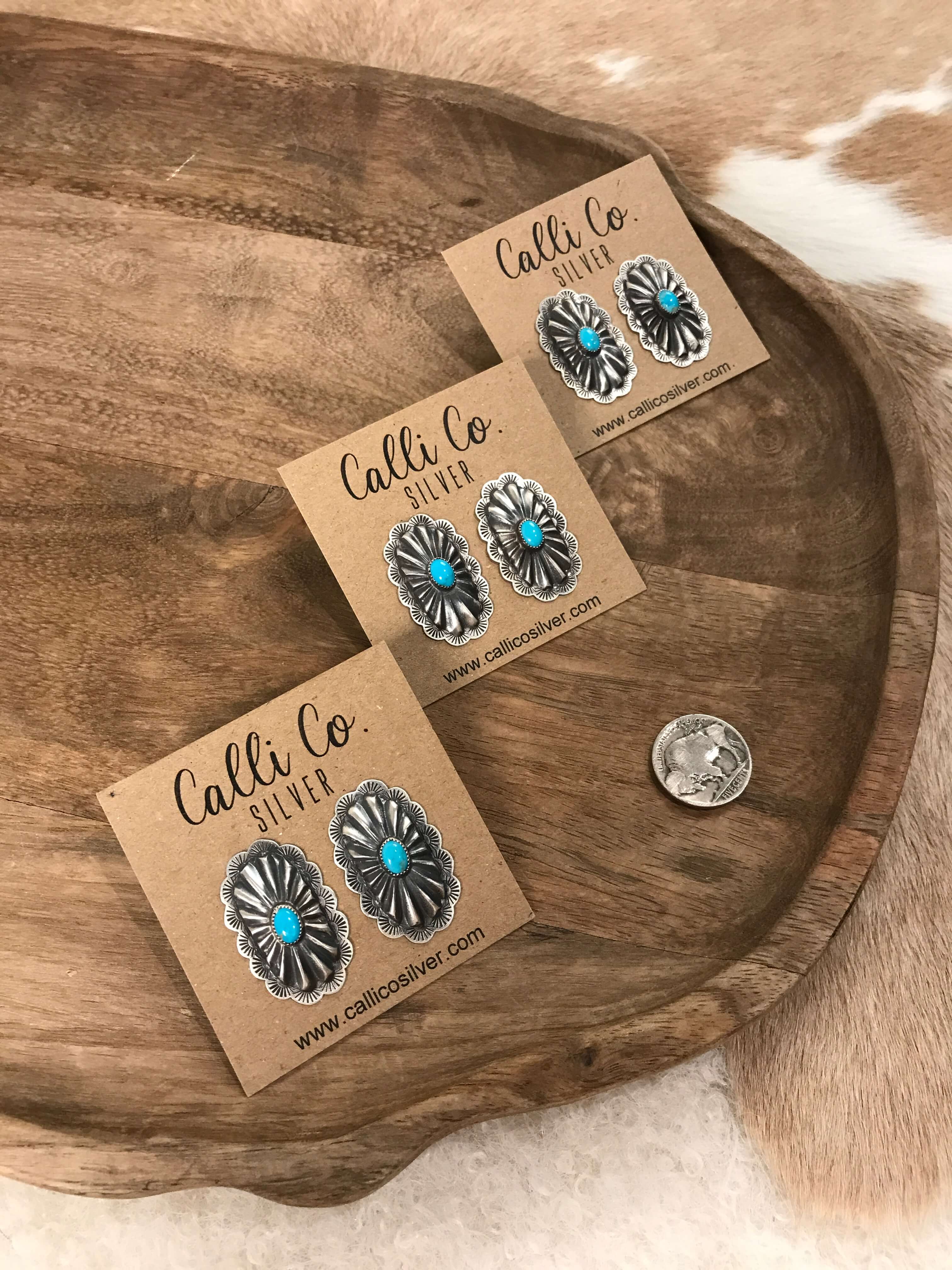 The Boca Concho Earrings-Earrings-Calli Co., Turquoise and Silver Jewelry, Native American Handmade, Zuni Tribe, Navajo Tribe, Brock Texas