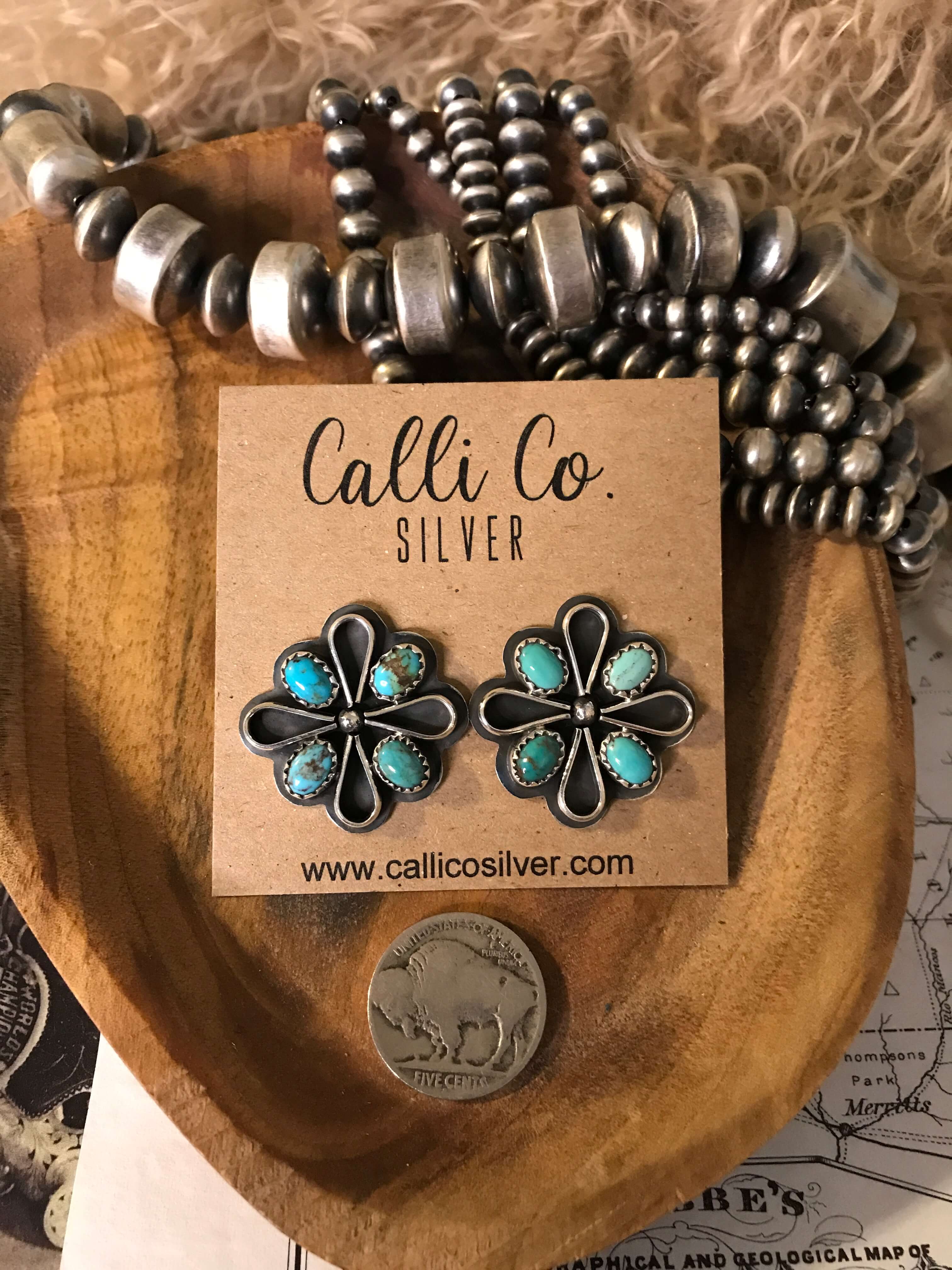 The Campo Turquoise Earrings, 9-Earrings-Calli Co., Turquoise and Silver Jewelry, Native American Handmade, Zuni Tribe, Navajo Tribe, Brock Texas