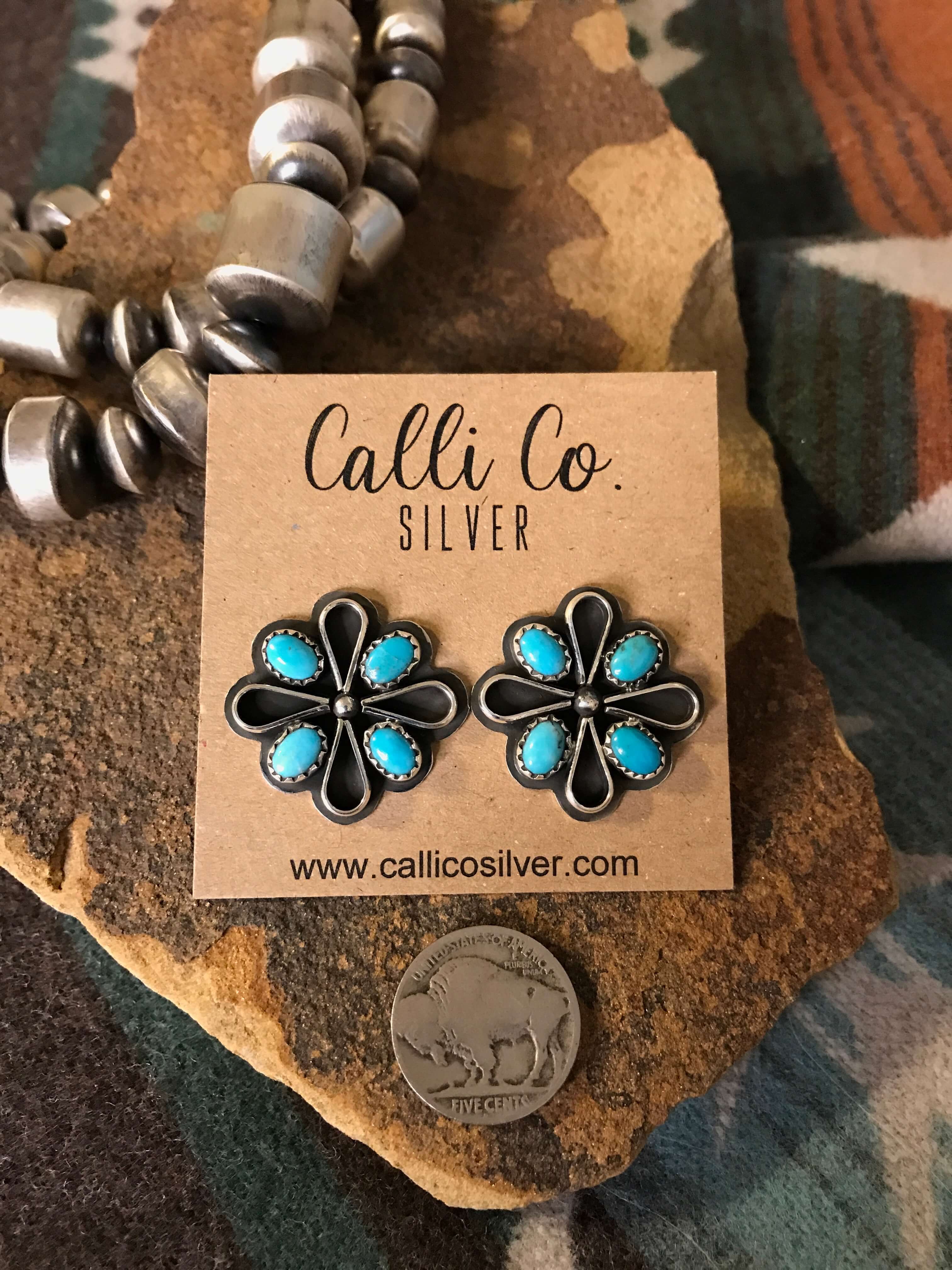 The Campo Turquoise Earrings, 12-Earrings-Calli Co., Turquoise and Silver Jewelry, Native American Handmade, Zuni Tribe, Navajo Tribe, Brock Texas