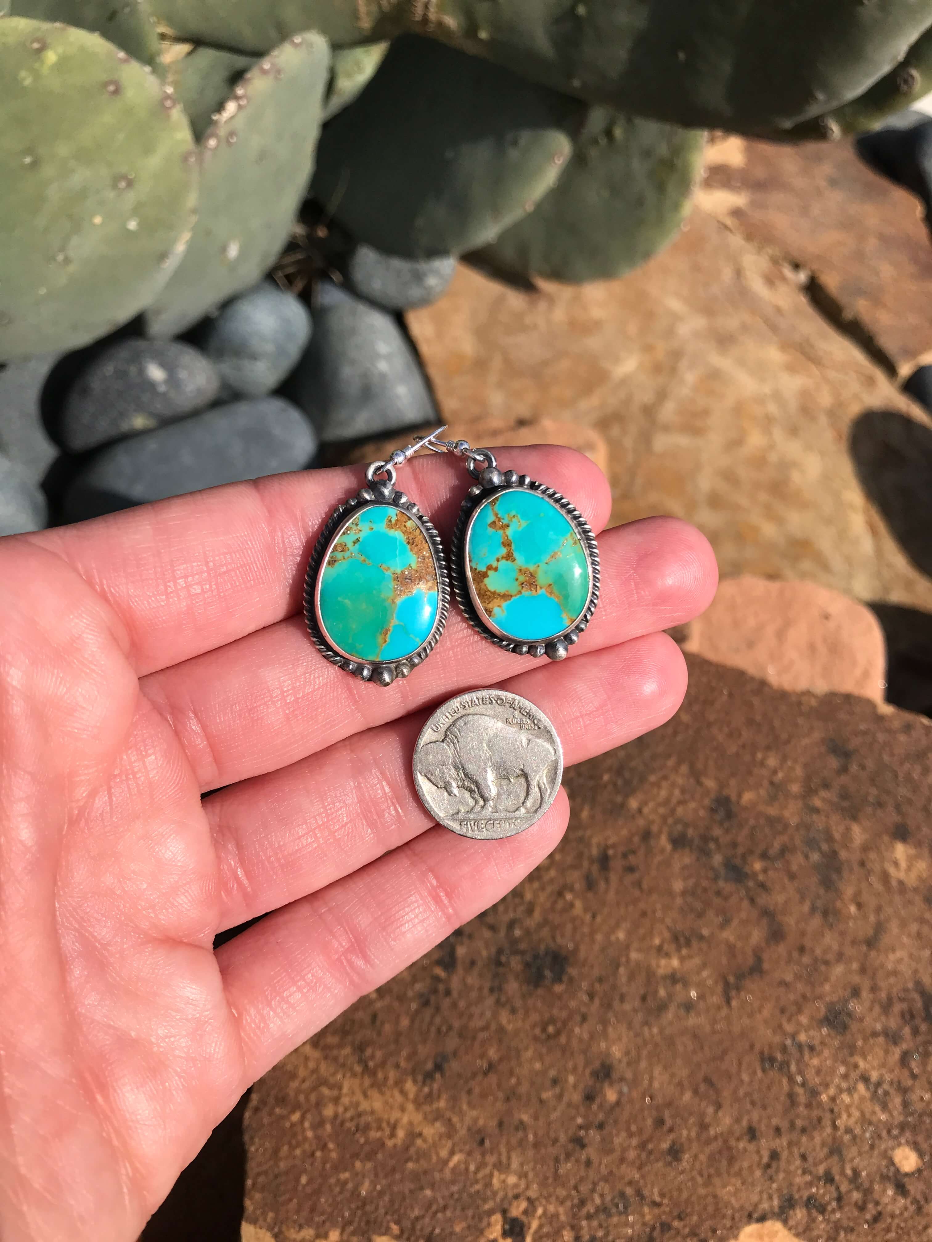 The Turquoise Dangle Earrings, 6-Earrings-Calli Co., Turquoise and Silver Jewelry, Native American Handmade, Zuni Tribe, Navajo Tribe, Brock Texas