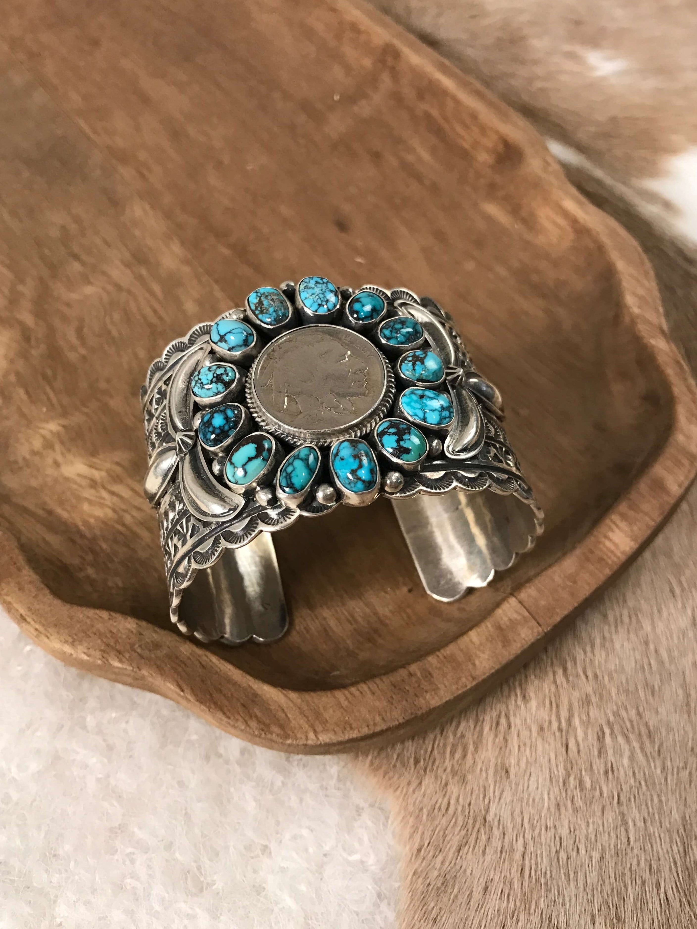 The Cave Creek Buffalo Nickel and Turquoise Cuff-Bracelets & Cuffs-Calli Co., Turquoise and Silver Jewelry, Native American Handmade, Zuni Tribe, Navajo Tribe, Brock Texas