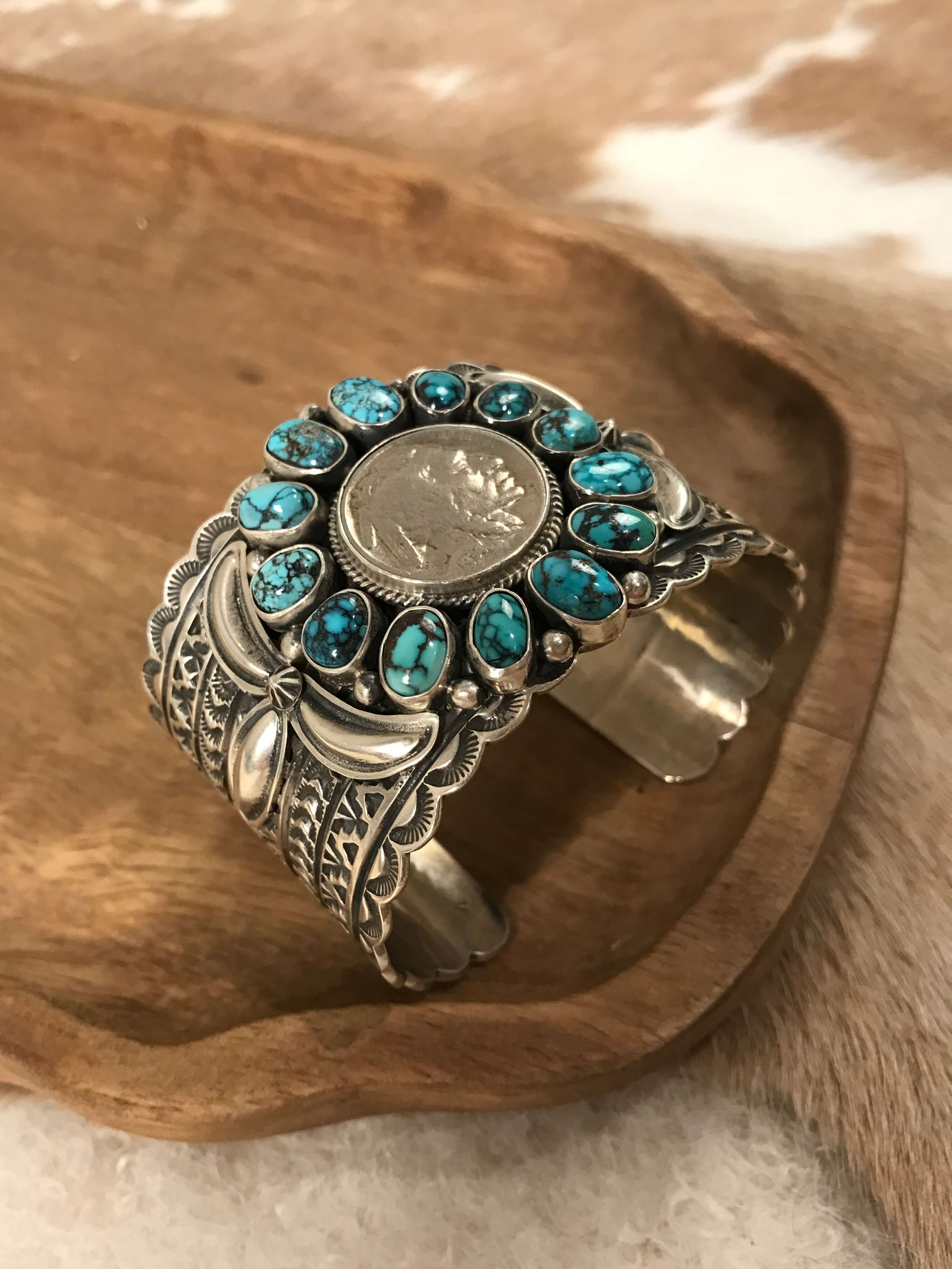 The Cave Creek Buffalo Nickel and Turquoise Cuff-Bracelets & Cuffs-Calli Co., Turquoise and Silver Jewelry, Native American Handmade, Zuni Tribe, Navajo Tribe, Brock Texas