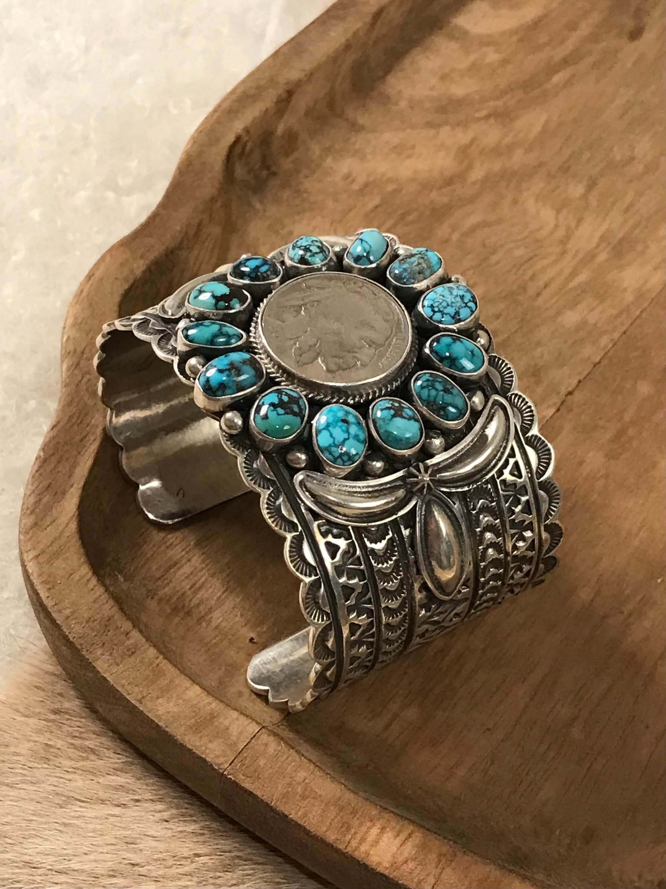 The Cave Creek Buffalo Nickel and Turquoise Cuff-Bracelets & Cuffs-Calli Co., Turquoise and Silver Jewelry, Native American Handmade, Zuni Tribe, Navajo Tribe, Brock Texas