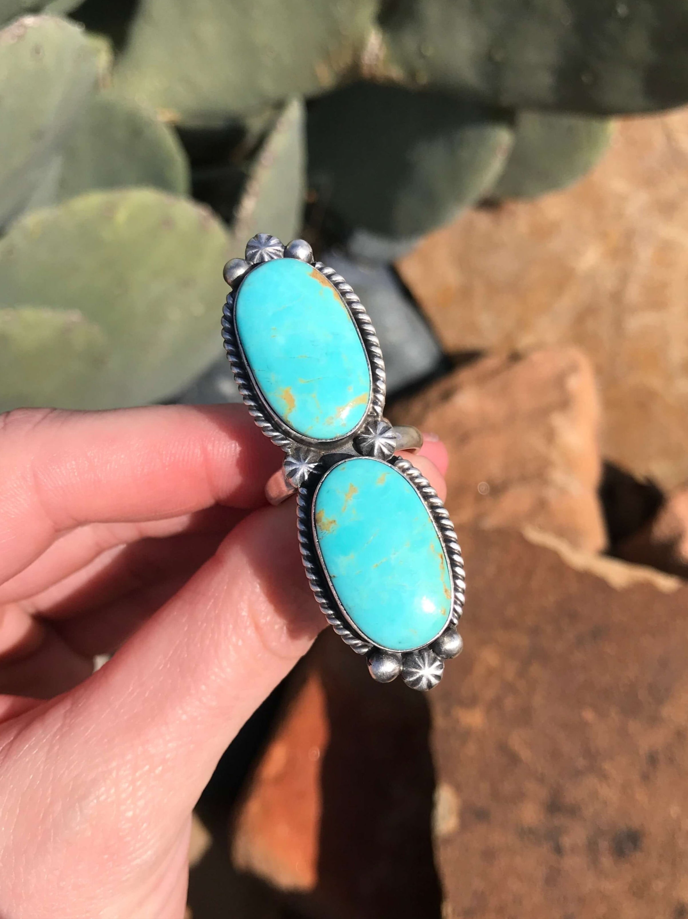 The Double Stone Adjustable Ring, 1-Rings-Calli Co., Turquoise and Silver Jewelry, Native American Handmade, Zuni Tribe, Navajo Tribe, Brock Texas